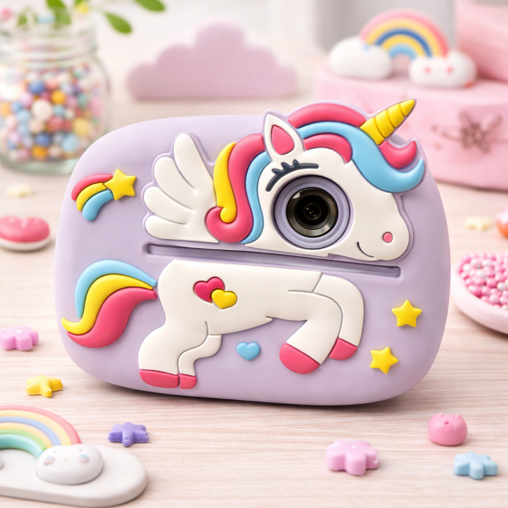 Cámara infantil morada con diseño de unicornio, crin colorida y lente integrada.