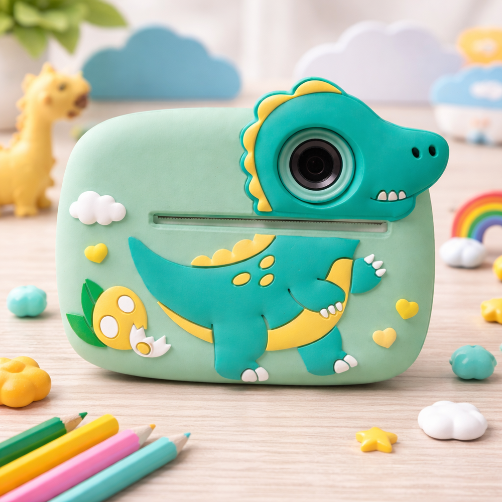 Cámara infantil verde con diseño de dinosaurio sobre mesa de madera con lápices de colores.