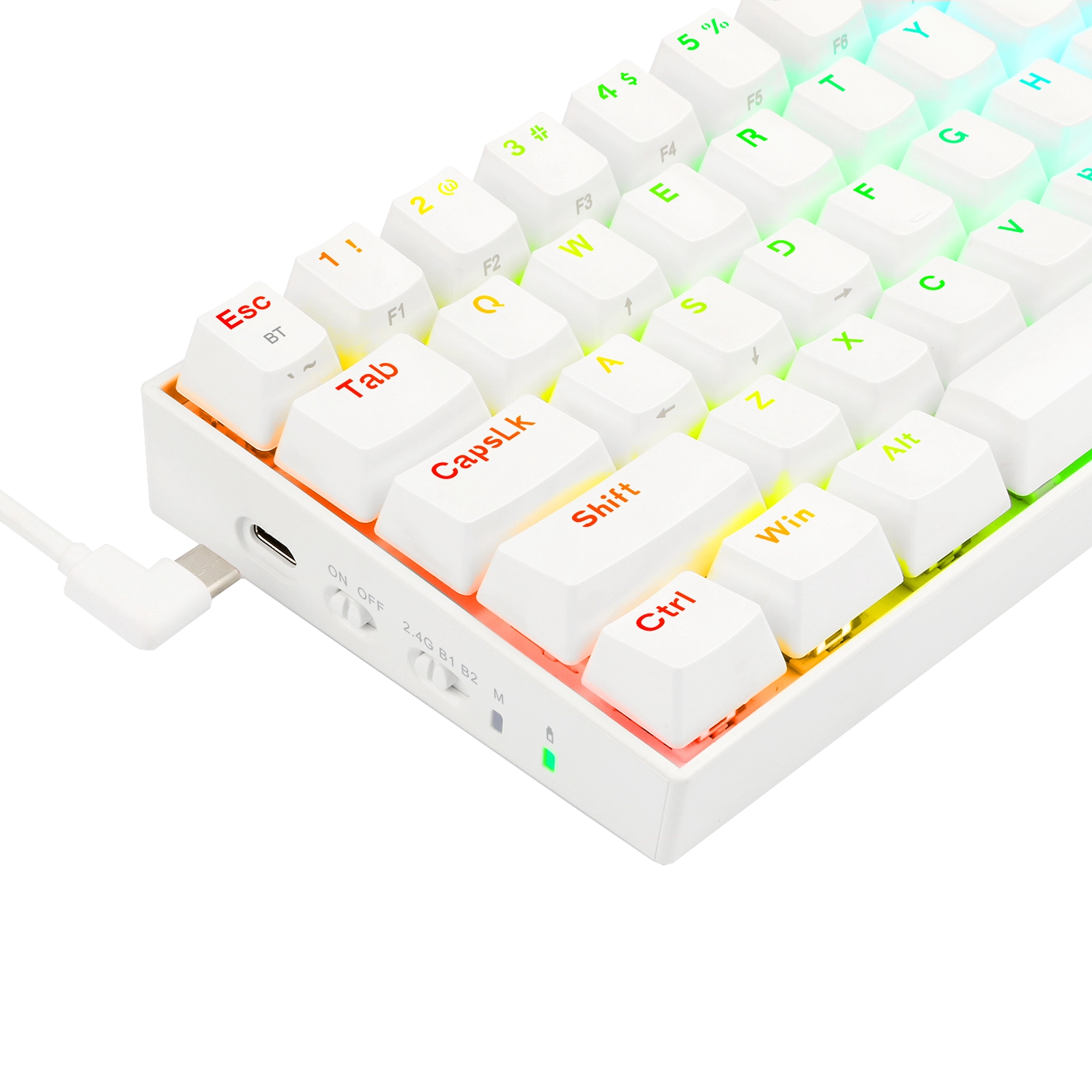 RGB arka aydınlatmalı ve bağlı USB-C kablolu beyaz mekanik oyun klavyesi.