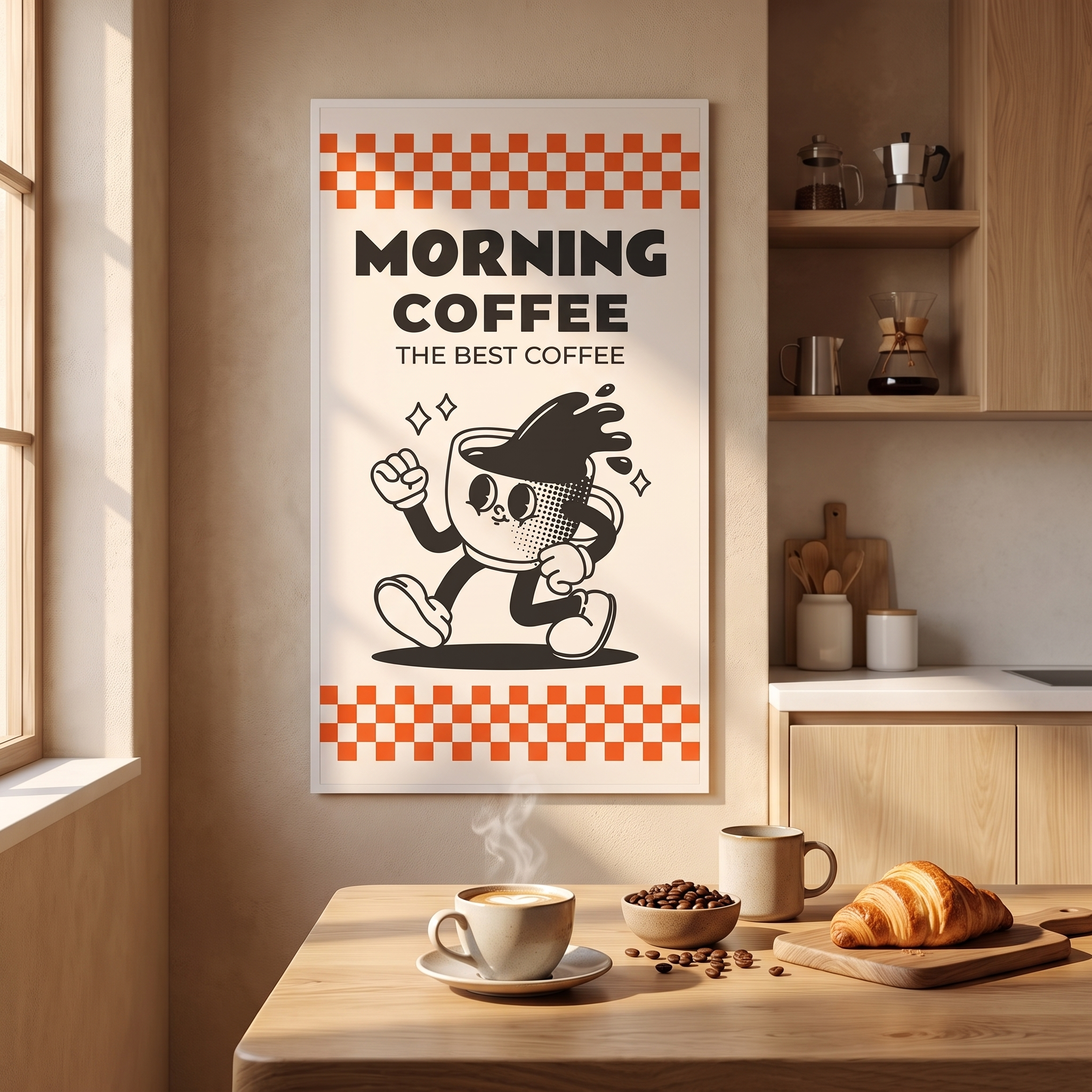 Ein Plakat für Morgenkaffee mit einer Cartoon-Kaffeetasse im Retro-Stil hängt in einer hellen Küche.
