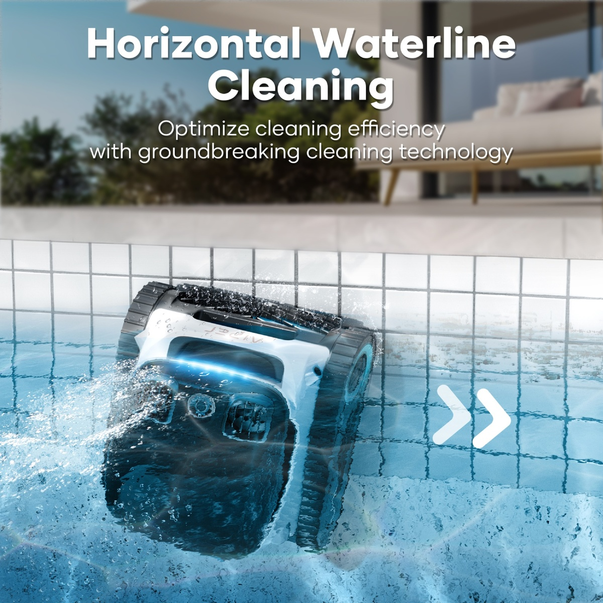 Un robot limpia piscinas blanco y azul limpia la línea de flotación de una piscina con salpicaduras.