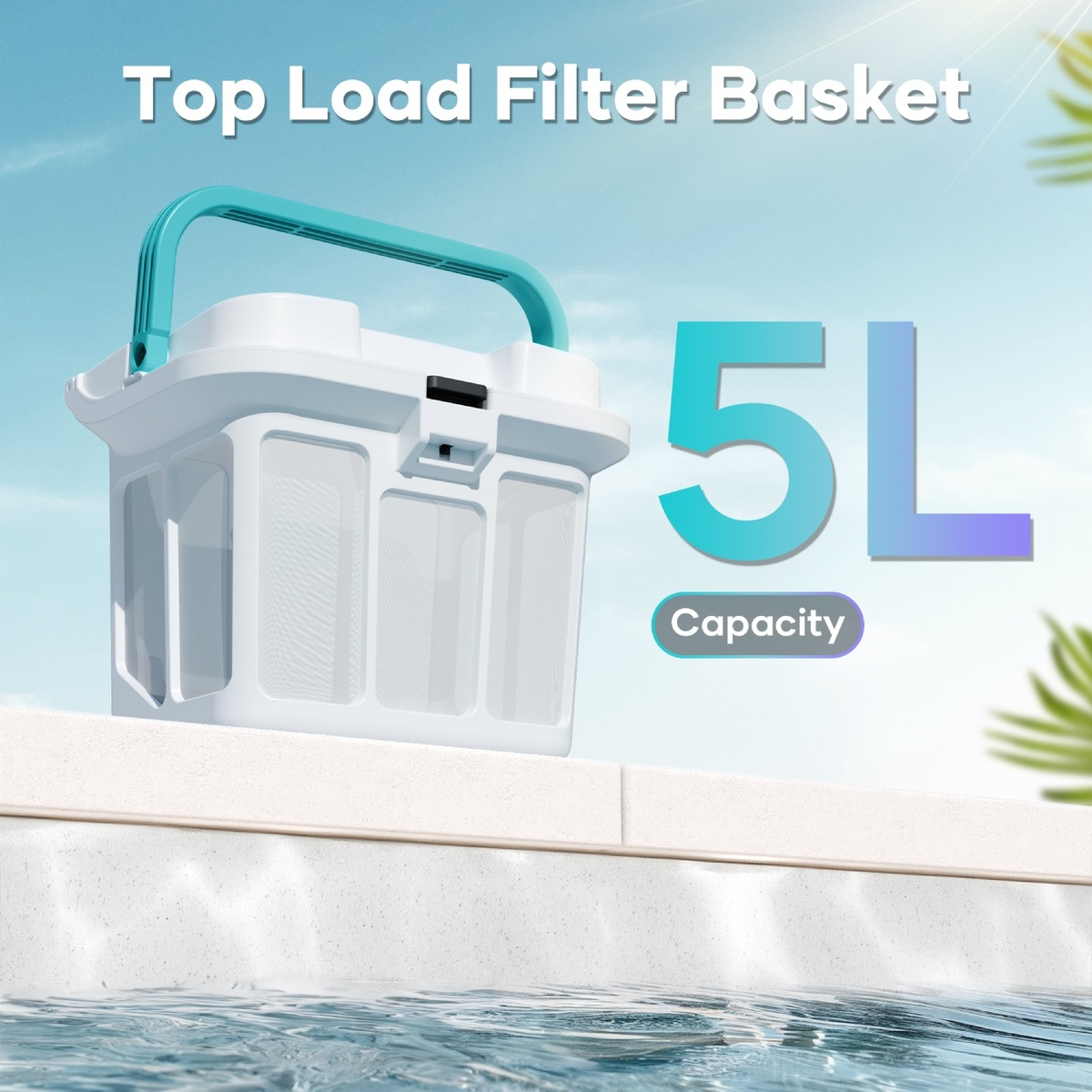 Una cesta de filtro blanca de 5L con asa turquesa junto a la piscina.