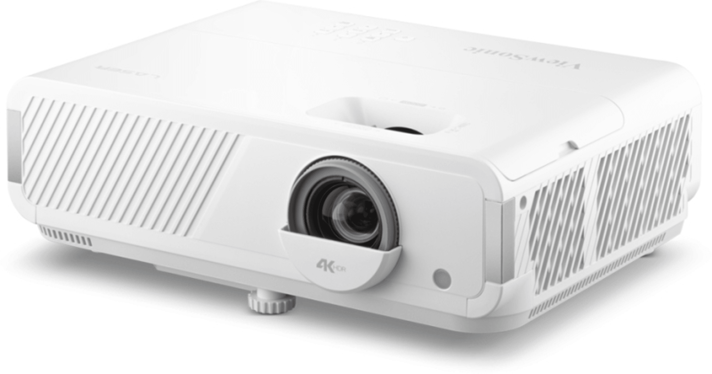 Un proyector láser 4K HDR blanco en vista frontal derecha, con lente prominente y rejillas de ventilación.