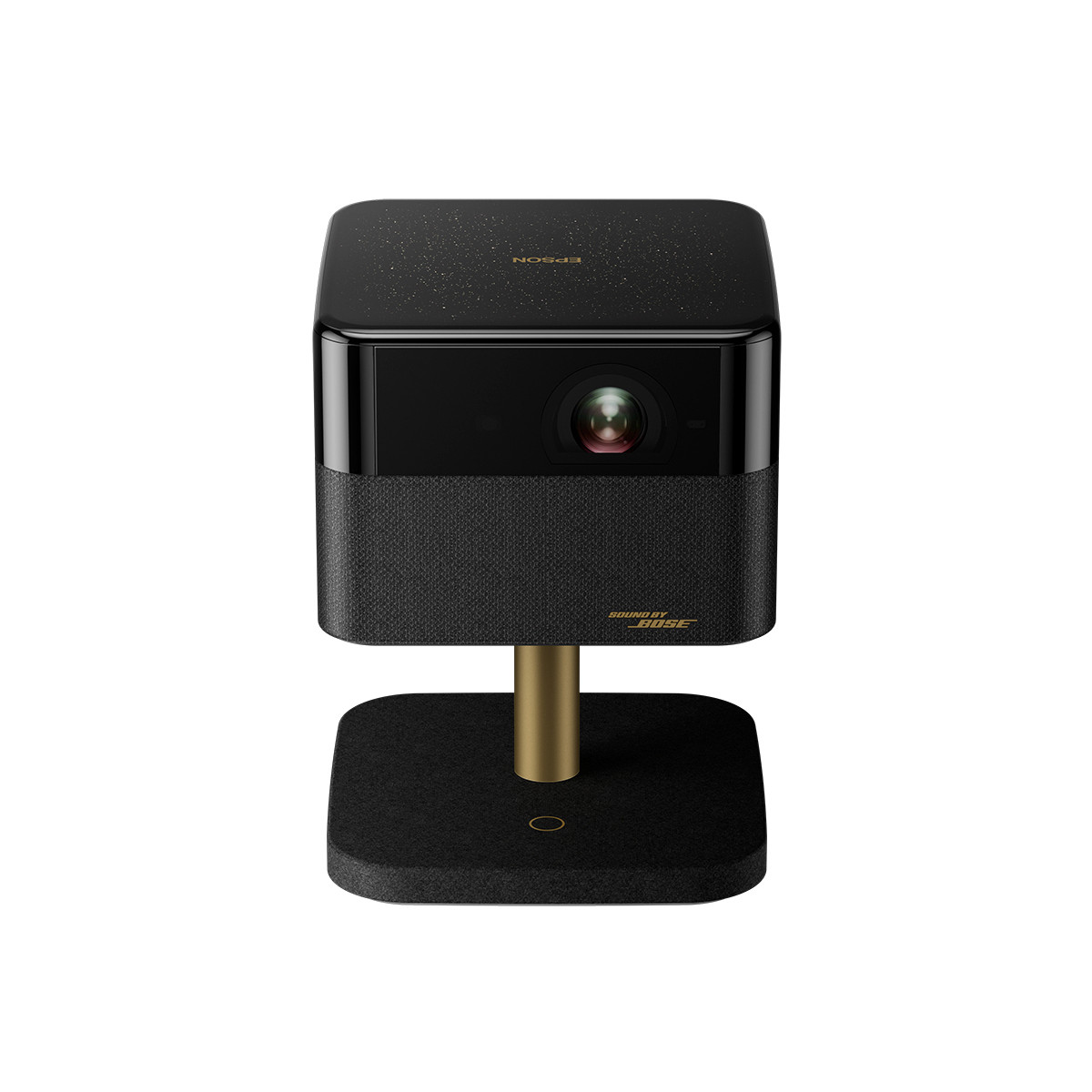 Proyector Epson compacto negro con sonido Bose en soporte dorado.