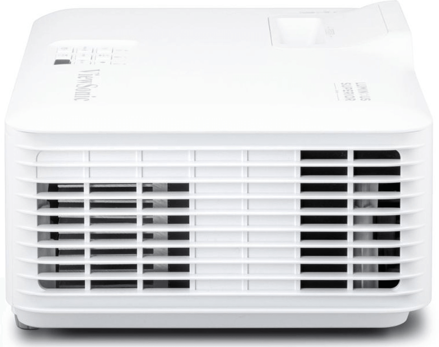 Un proyector ViewSonic blanco con rejillas de ventilación frontales sobre fondo blanco.