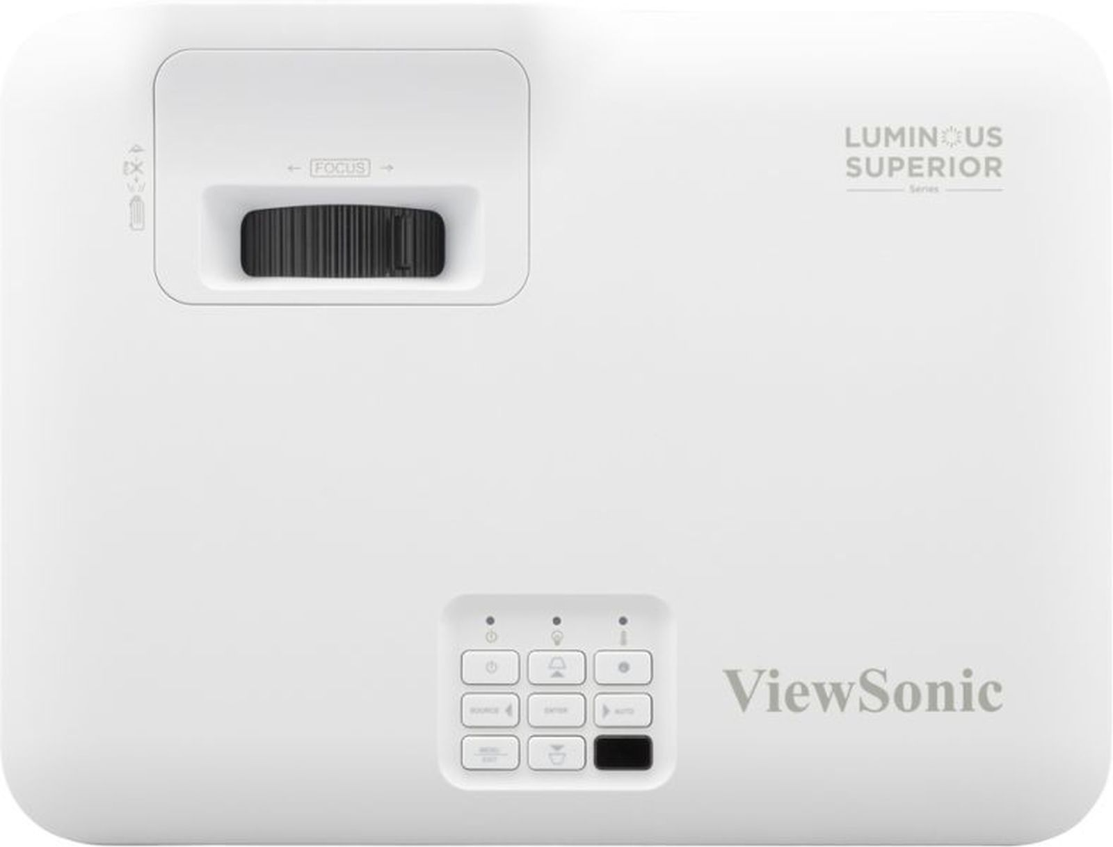 Vista superior de un proyector ViewSonic blanco que muestra el anillo de enfoque, botones y logotipos.