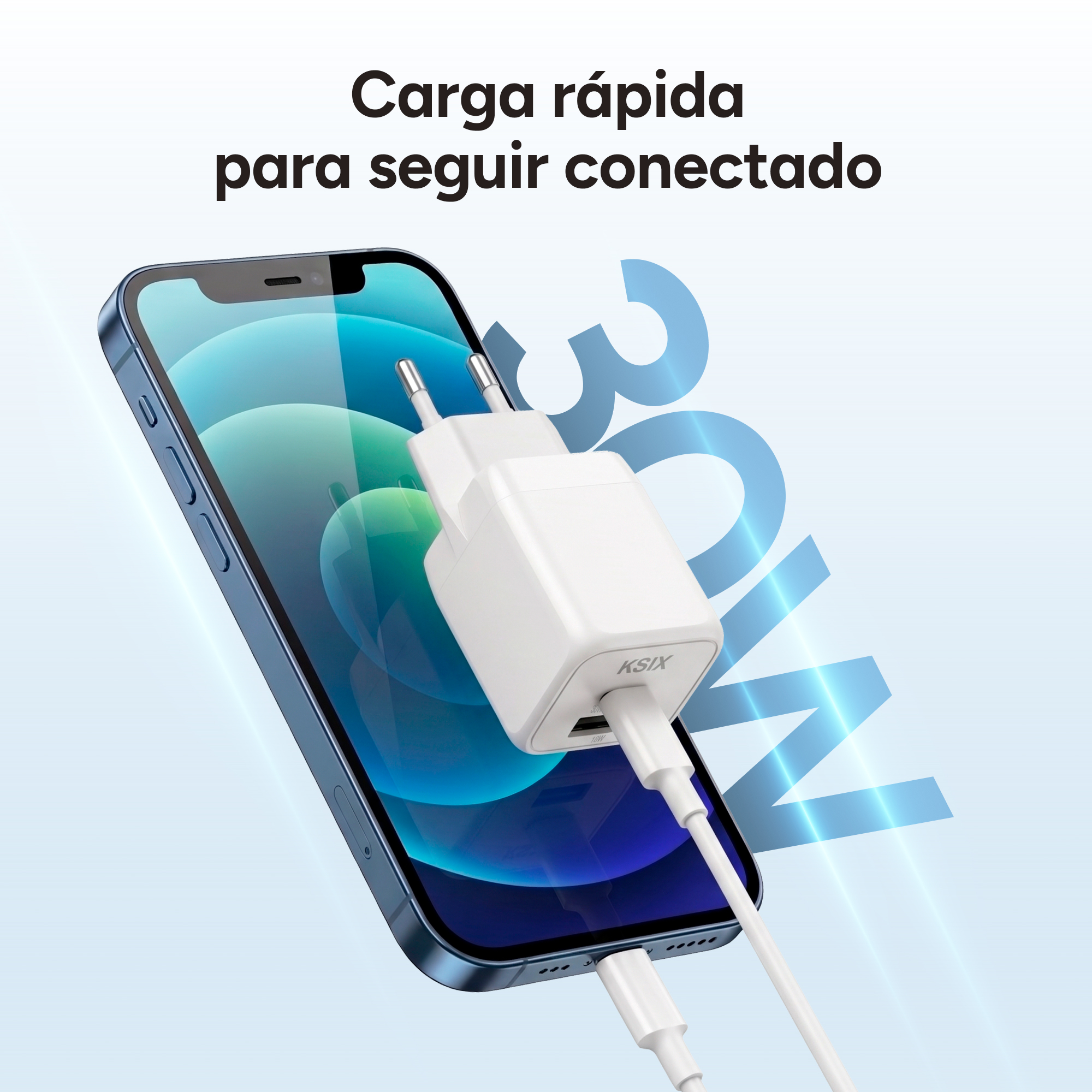 Un smartphone y un cargador blanco de 30W sobre un fondo azul con texto.