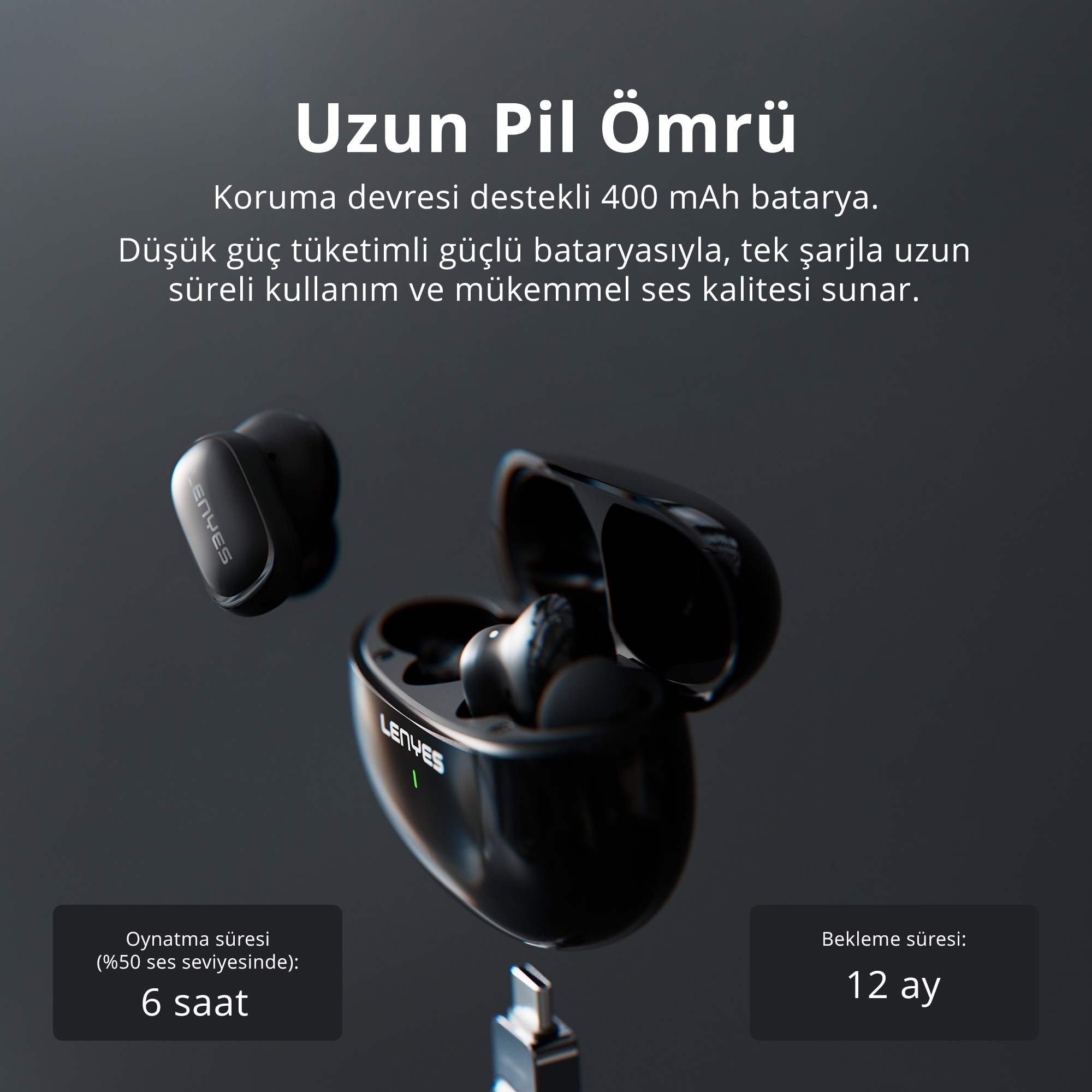 Koyu arka planda şarj kutulu siyah kablosuz kulaklıklar ve Türkçe metin.