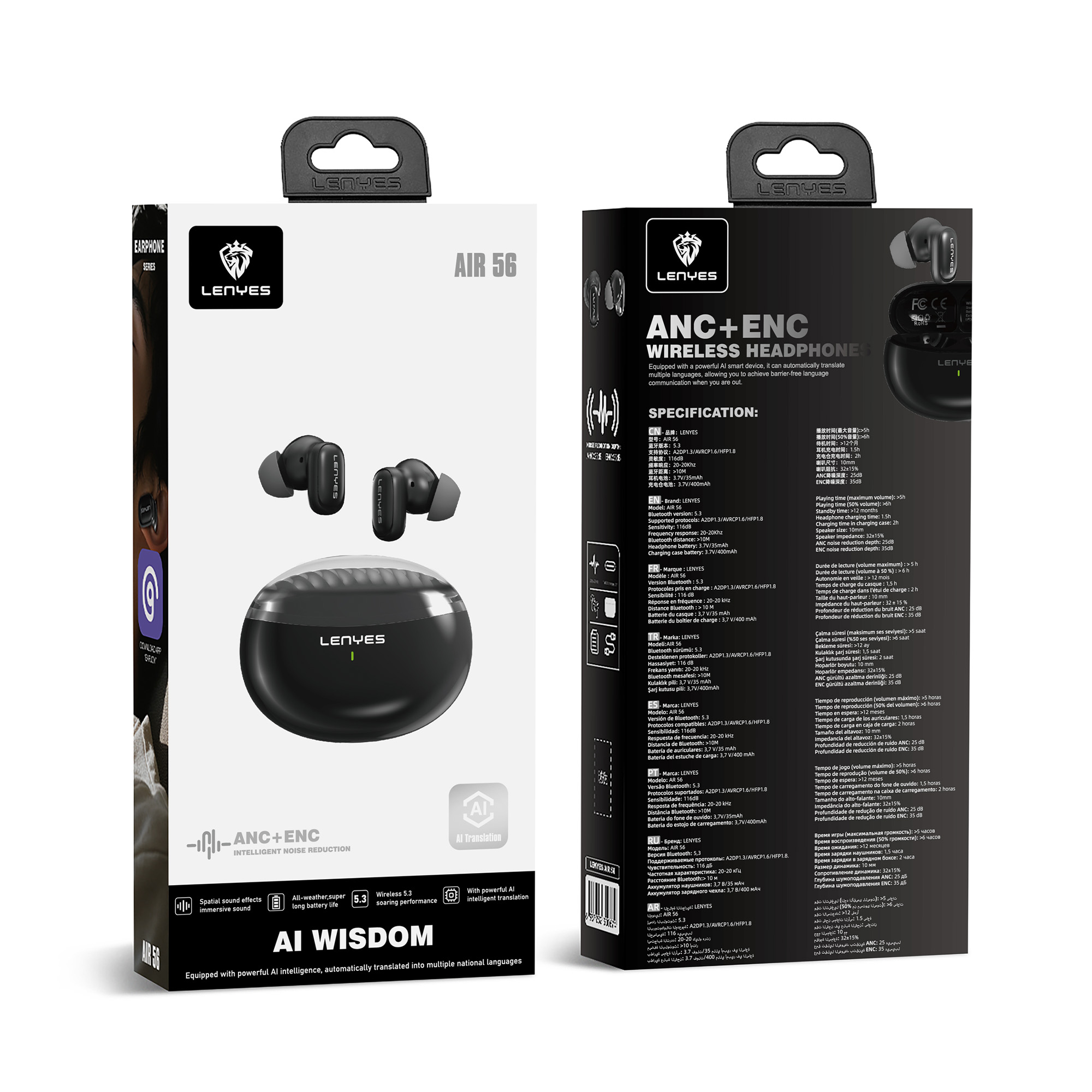Lenyes Air 56 ANC+ENC kablosuz kulaklık ambalajı ve teknik detaylar.