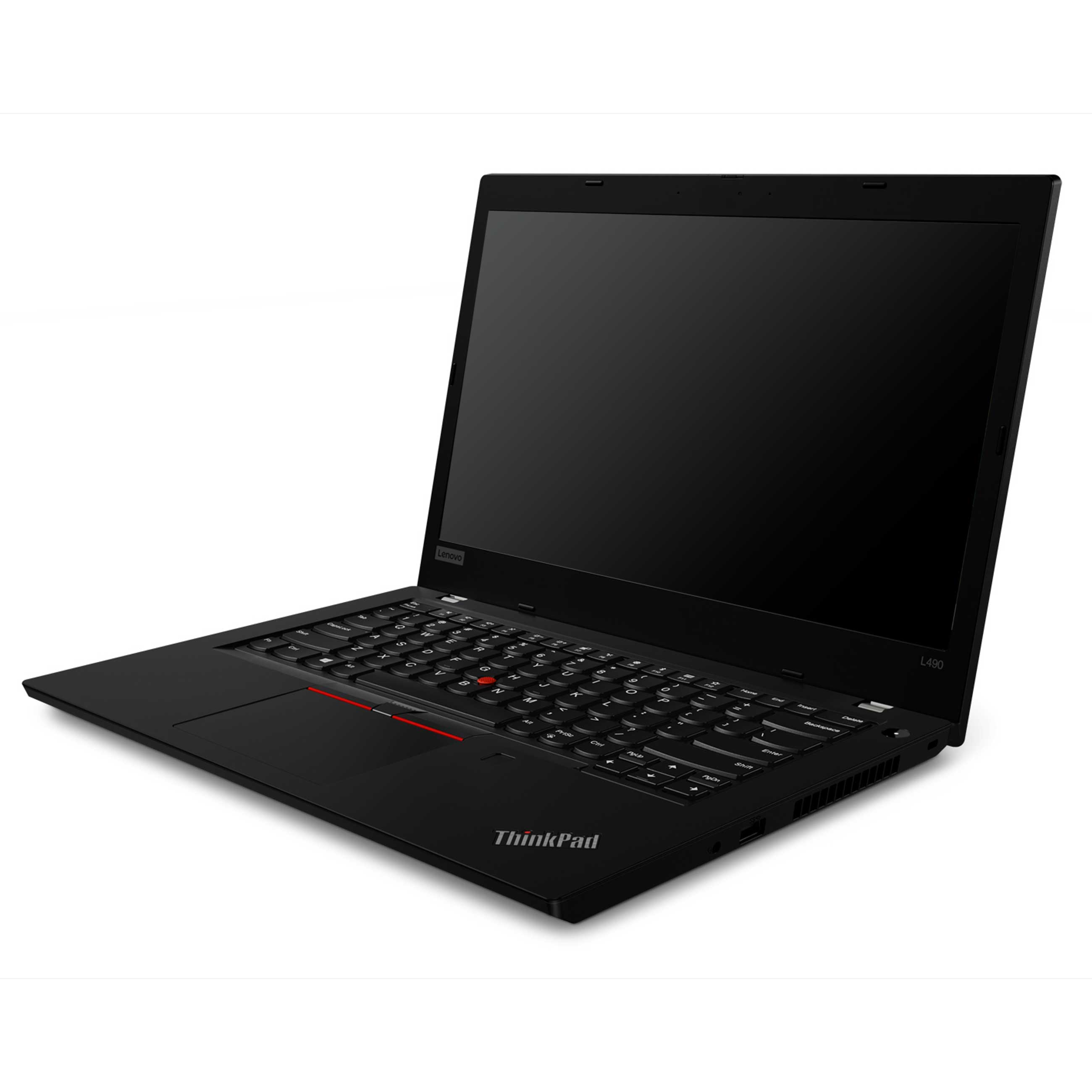 Ein schwarzer Lenovo ThinkPad Laptop steht offen auf einer weißen Oberfläche mit schwarzem Bildschirm.