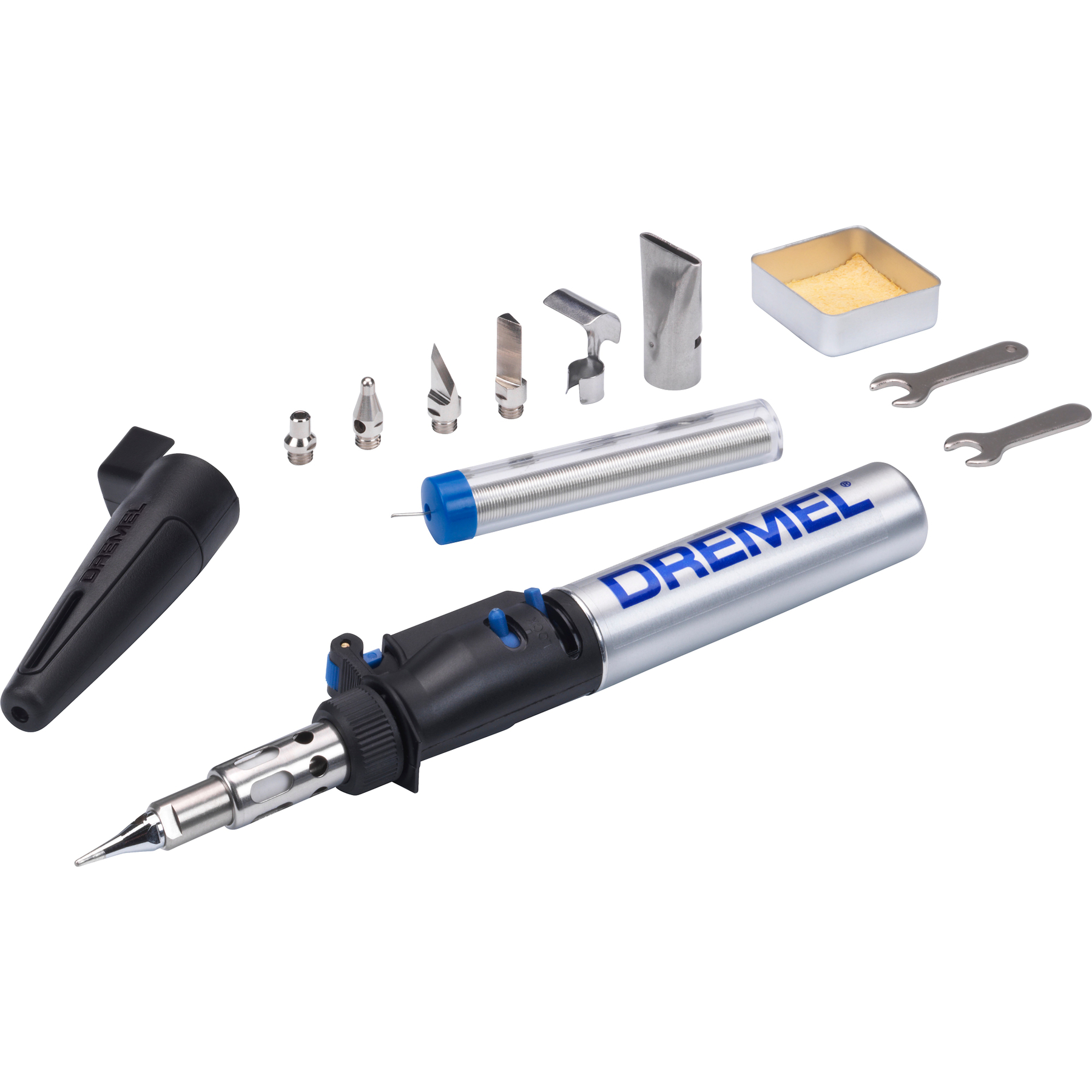 Dremel Lötbrenner mit verschiedenen Aufsätzen, Schraubenschlüsseln und Zubehör auf weißem Hintergrund.