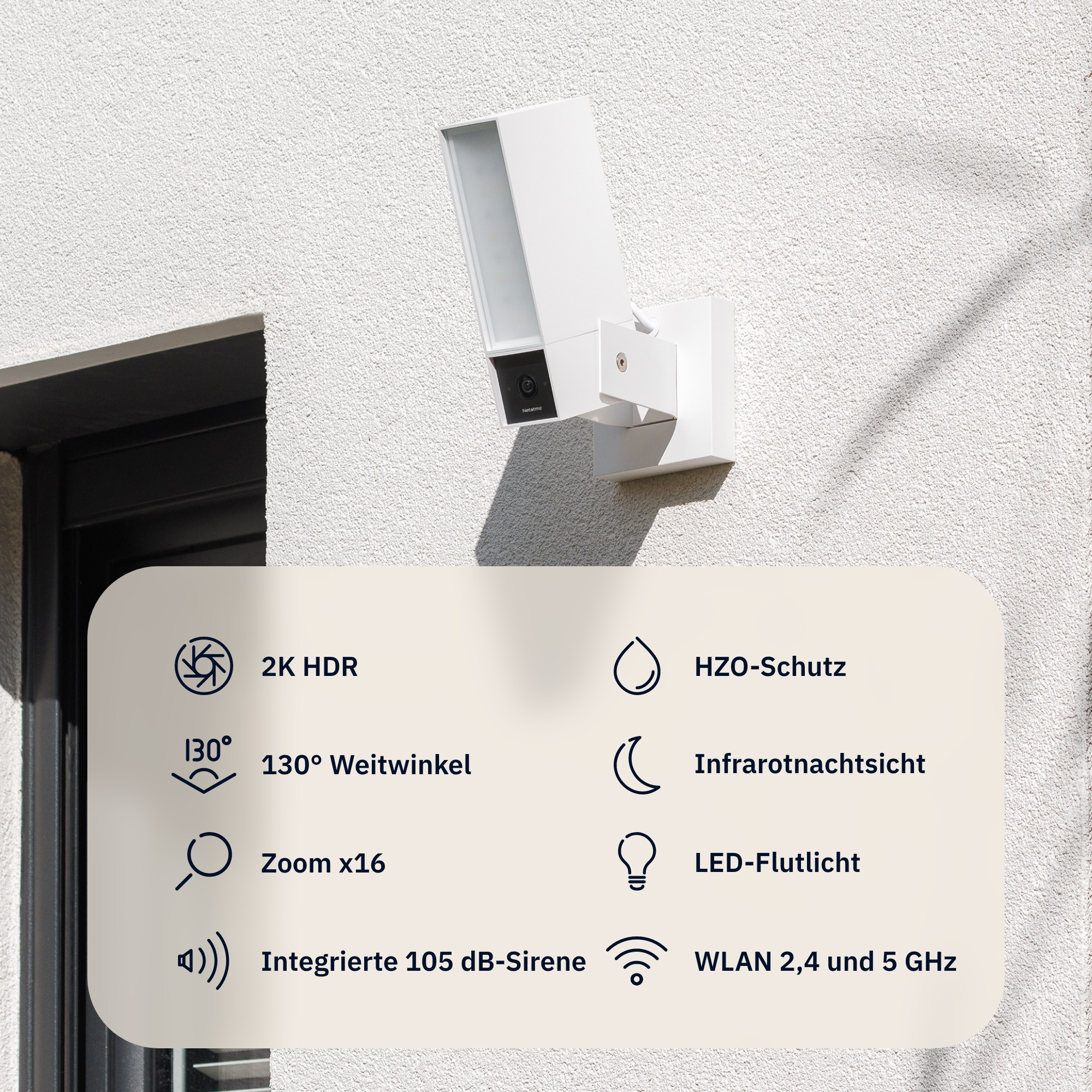 Caméra de sécurité étanche avec projecteur sur mur blanc, avec aperçu des fonctionnalités.