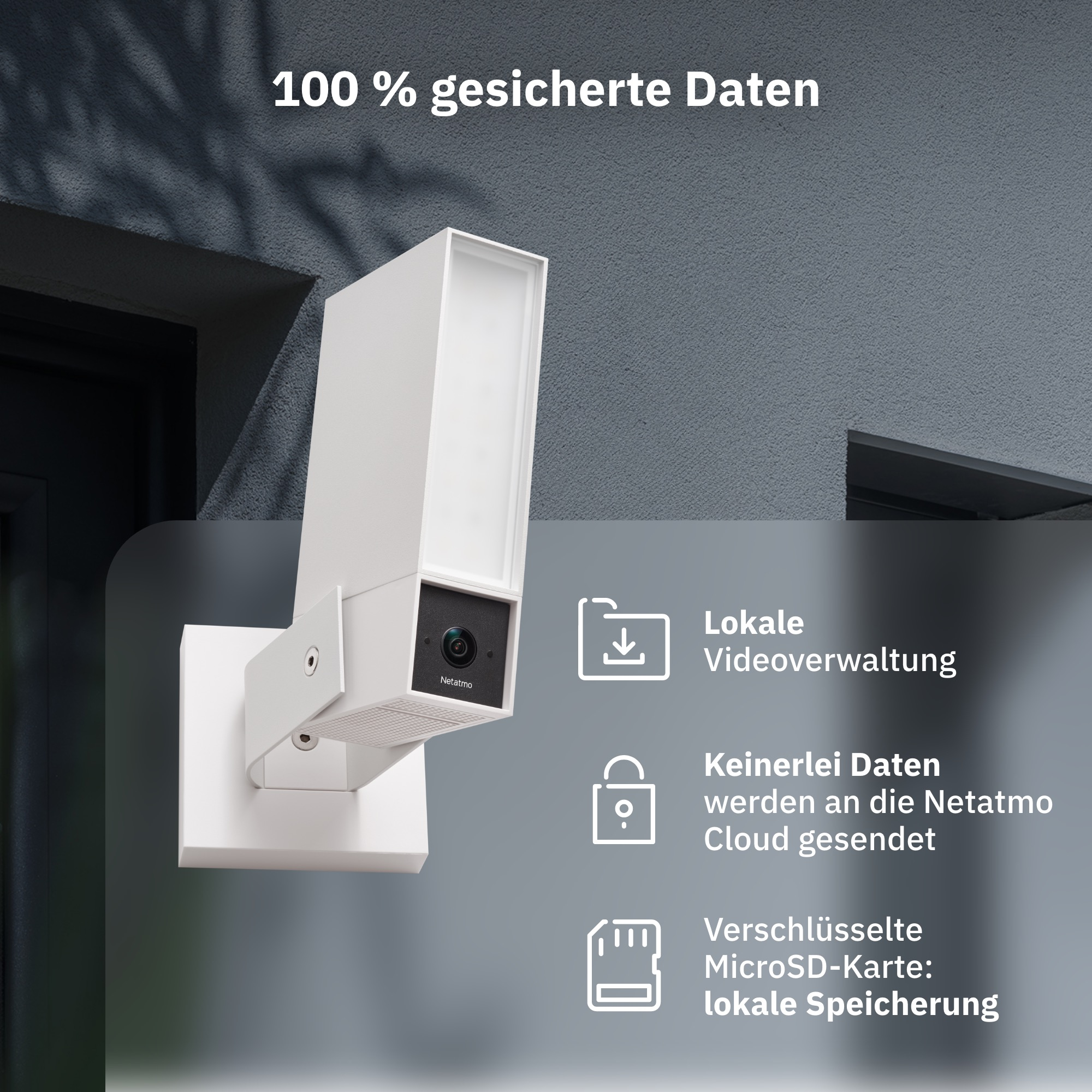 Caméra de sécurité Netatmo blanche sur un mur avec des graphismes sur le stockage local et la confidentialité.