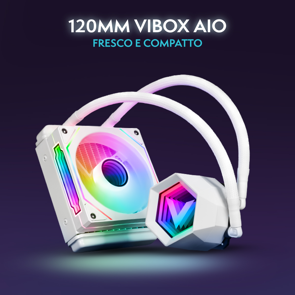 Weißer 120mm Vibox AIO CPU-Wasserkühler mit lebendiger RGB-Beleuchtung auf dunklem Hintergrund.