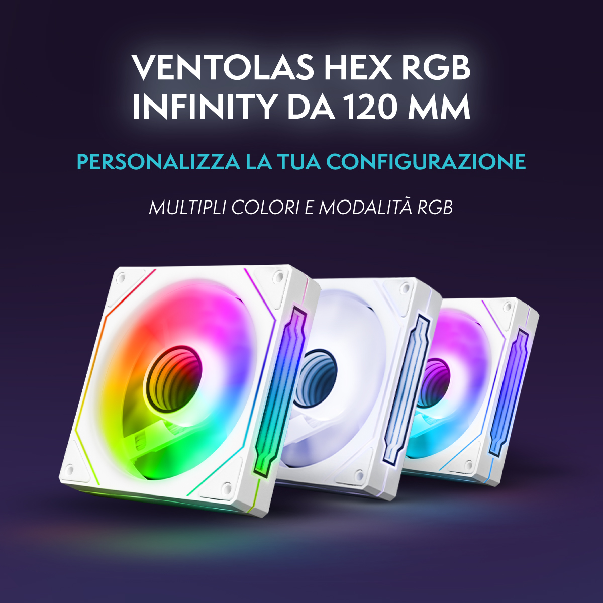 Drei weiße PC-Lüfter mit lebendiger RGB-Beleuchtung vor dunklem Hintergrund, mit Text oben.