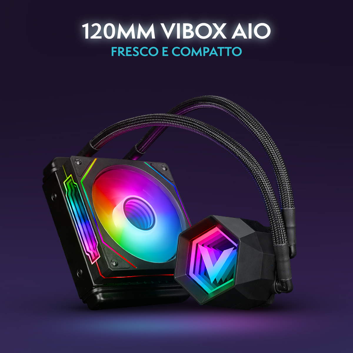 120mm Vibox AIO Flüssigkühler mit RGB-Beleuchtung vor violettem Hintergrund.