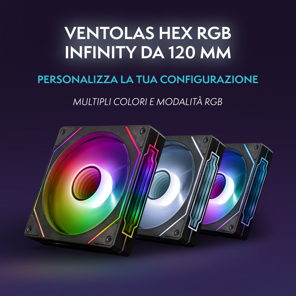 Drei schwarze PC-Lüfter mit RGB-Beleuchtung vor dunklem Hintergrund.