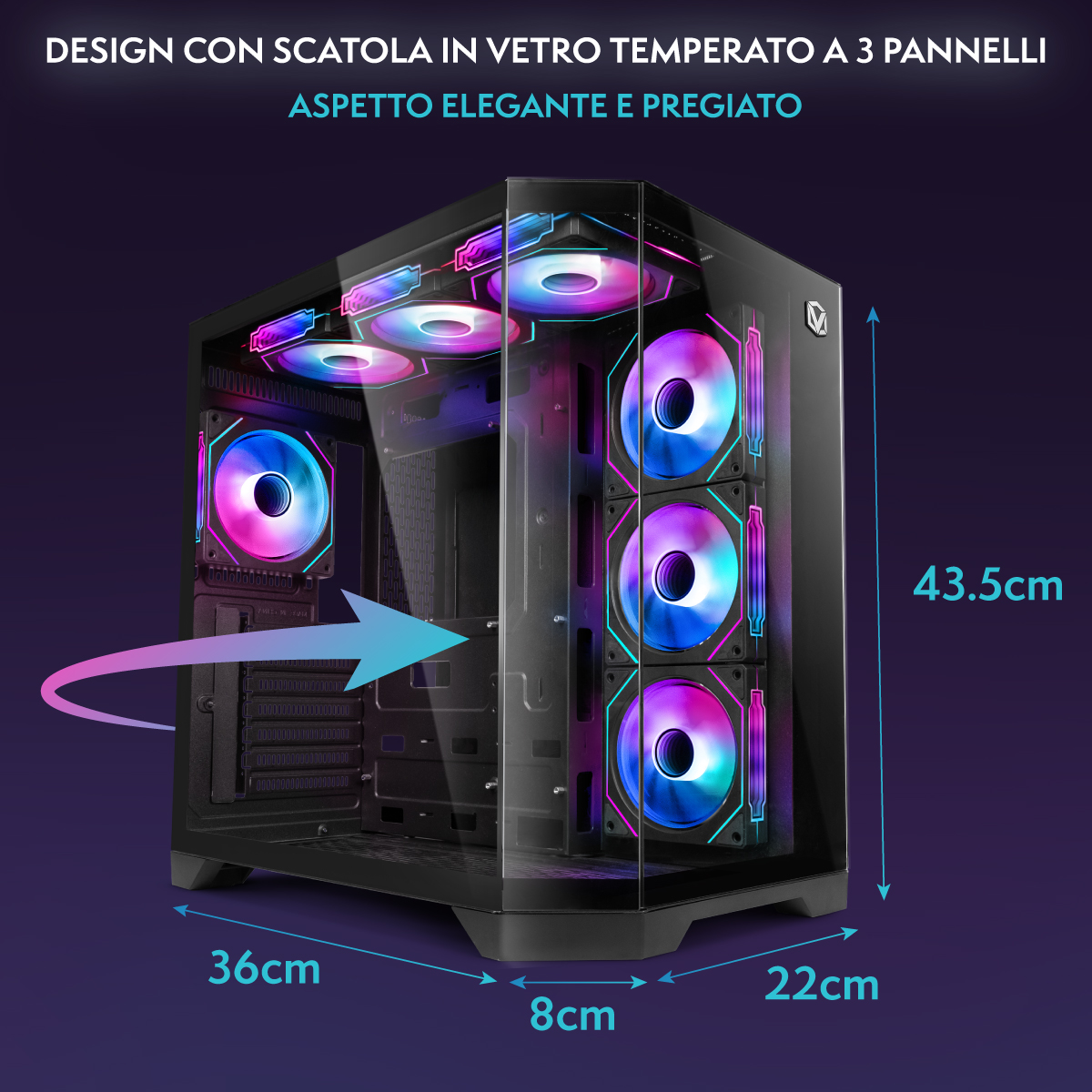 Ein schwarzes PC-Gehäuse mit Glaspaneelen, RGB-Lüftern und Maßen von 36cm Breite, 22cm Tiefe und 43,5cm Höhe.
