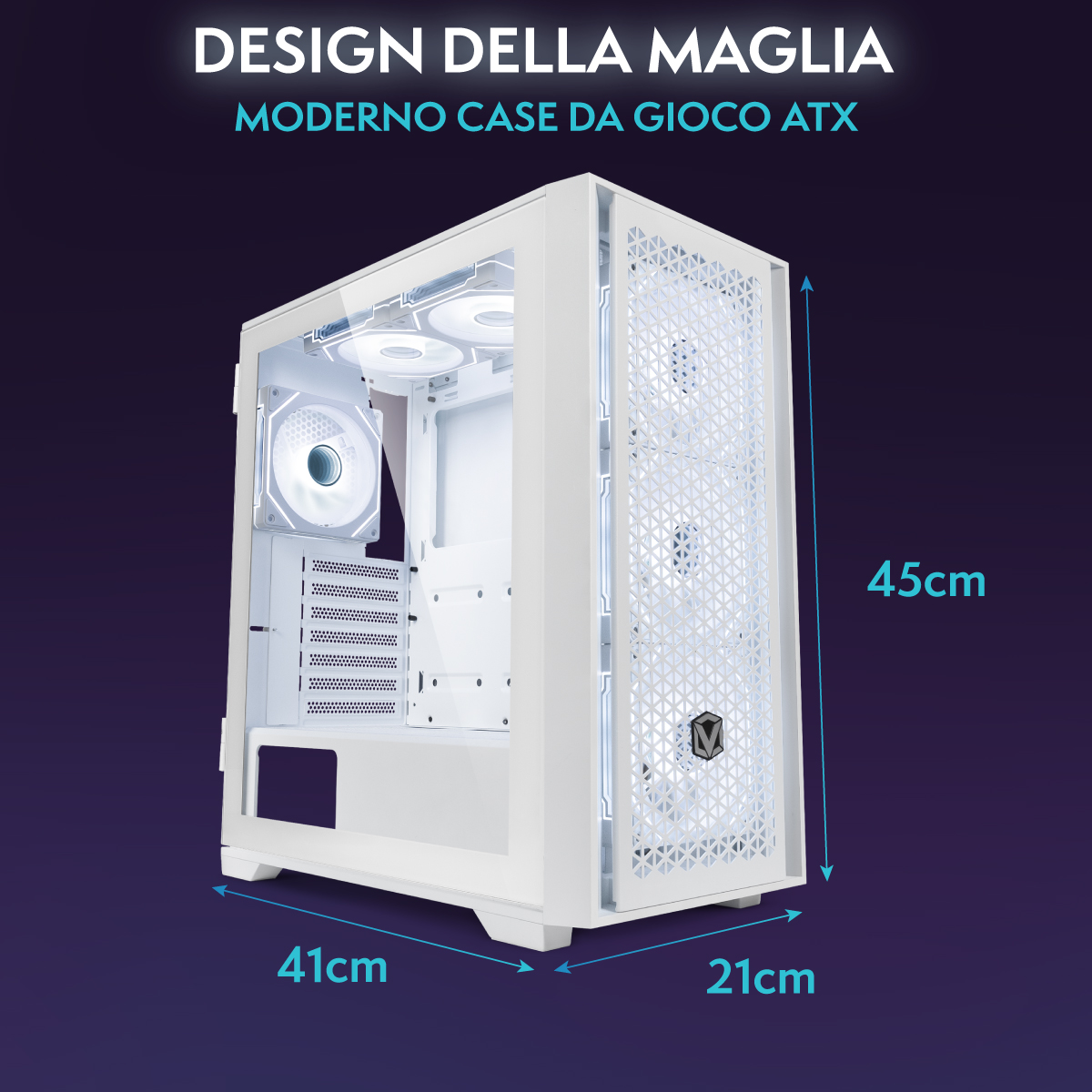 Weißes ATX-Gaming-PC-Gehäuse mit Mesh-Front und den Maßen 45 cm Höhe, 41 cm Länge und 21 cm Breite.