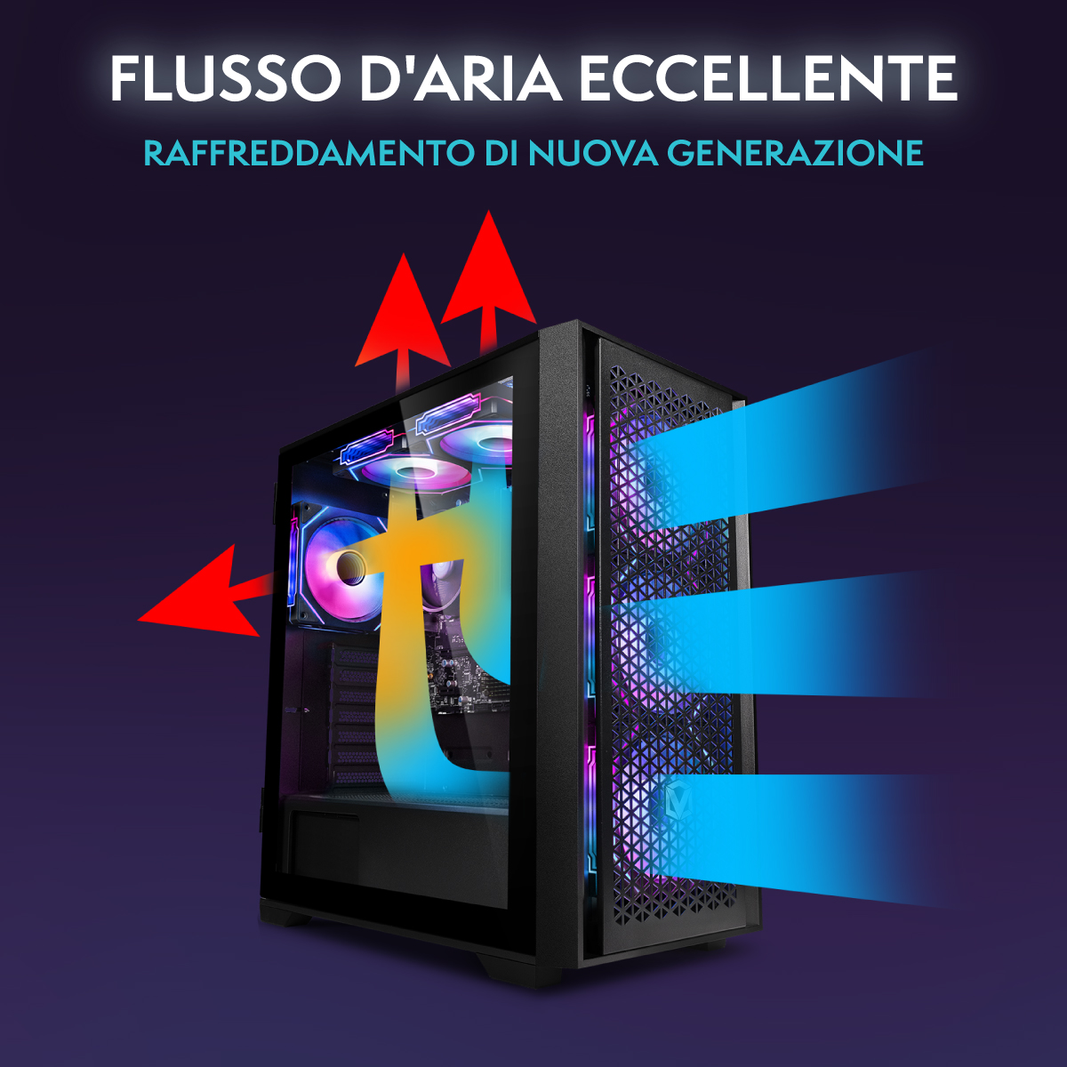 PC-Gehäuse mit RGB-Lüftern und blauen und roten Pfeilen, die den Luftstrom zeigen.