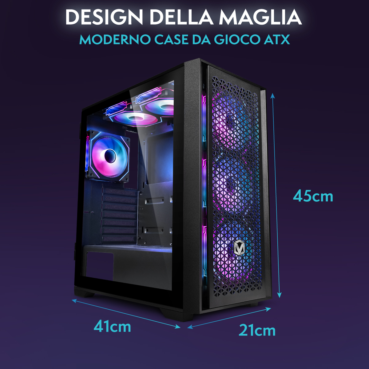 Schwarzes ATX-Gaming-Gehäuse mit RGB-Lüftern und Maßangaben 45x41x21cm.
