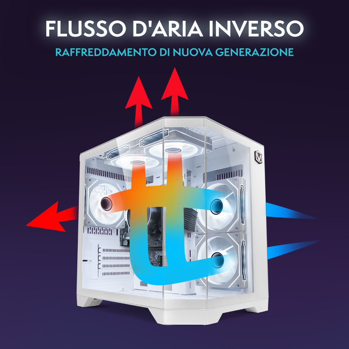 Gabinete de PC blanco con diagrama de flujo de aire interno en azul, amarillo y rojo.