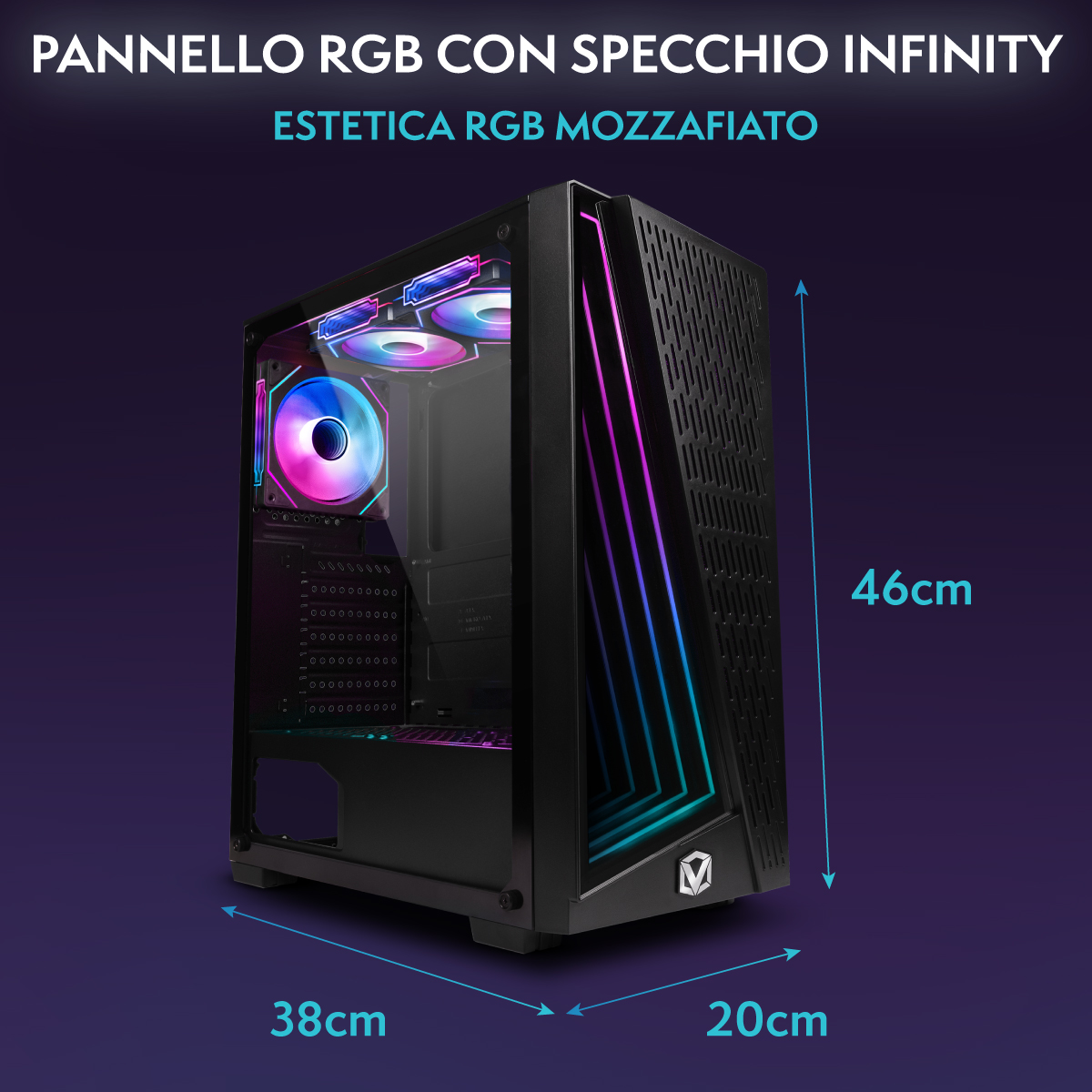 Torre de PC negra con iluminación RGB y dimensiones de 46x38x20 cm.