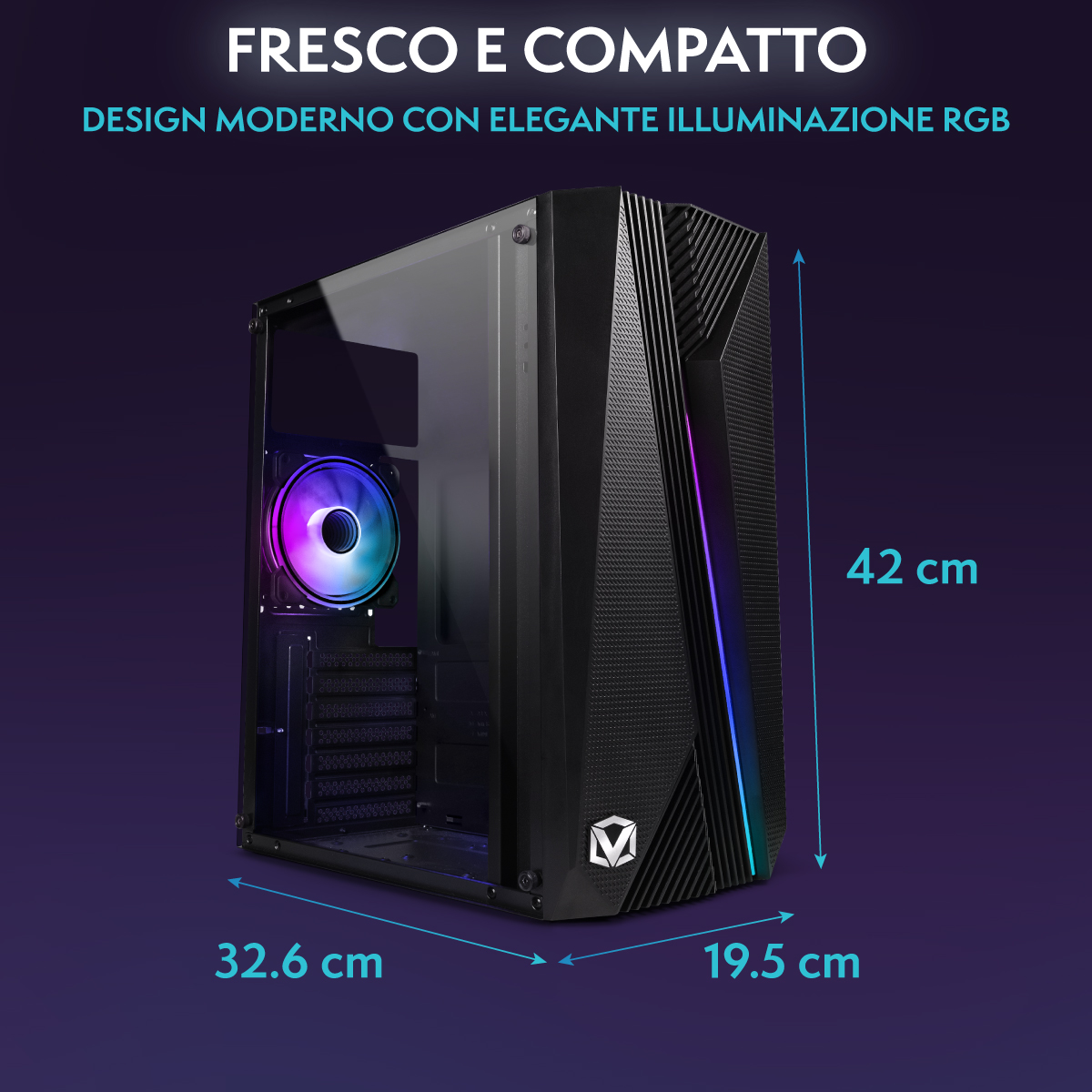 Gabinete de PC negro con iluminación RGB y dimensiones de 42x19.5x32.6 cm sobre fondo morado.