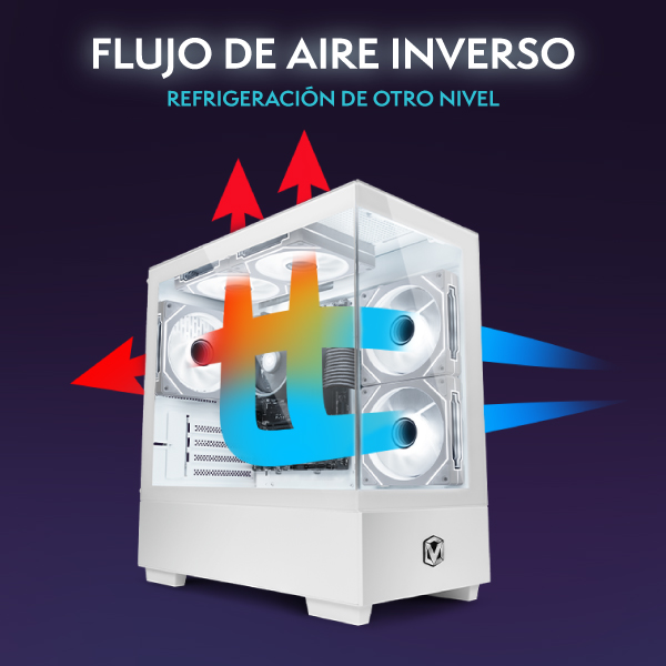 Gabinete de PC blanco con diagrama de flujo de aire interno, flechas azules y rojas indicando refrigeración.
