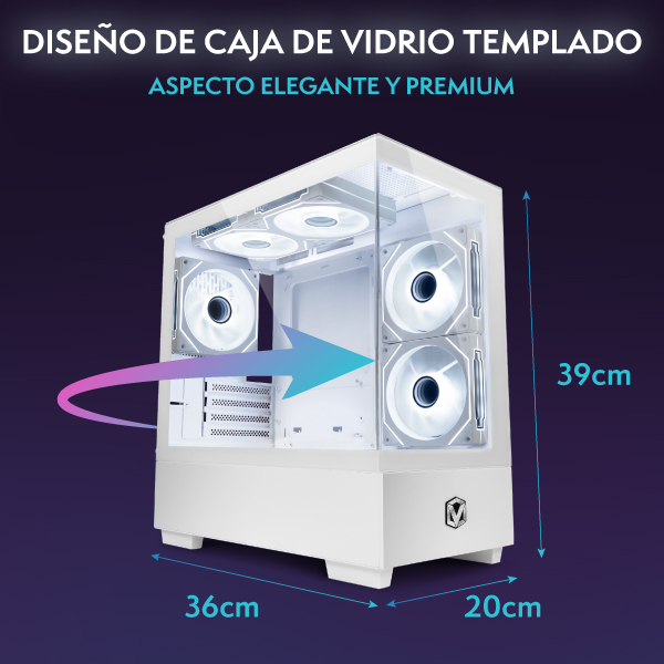 Gabinete de PC blanco con vidrio y ventiladores iluminados, mide 39x36x20cm.