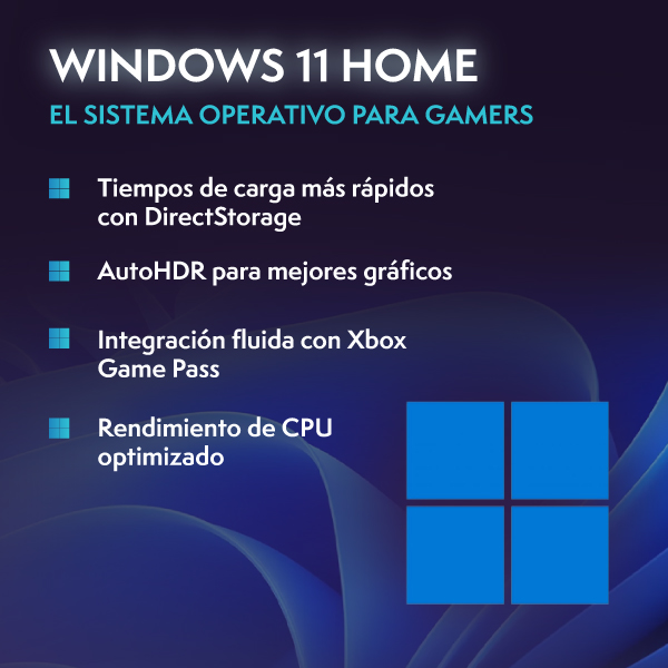 Imagen promocional de Windows 11 Home como sistema operativo para juegos con DirectStorage y AutoHDR.