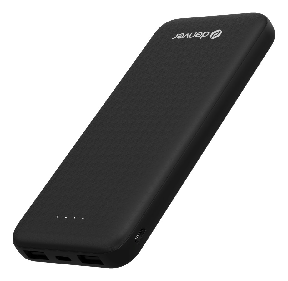 A black Denver power bank stands angled on a white background, showing USB ports and four indicator lights.