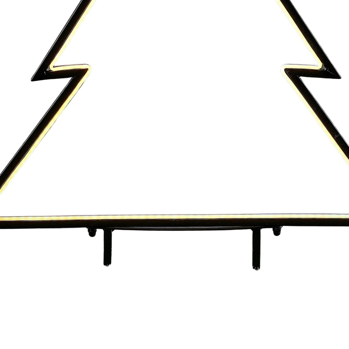 Un luminaire noir en forme de sapin de Noël avec un éclairage LED chaud sur fond blanc.