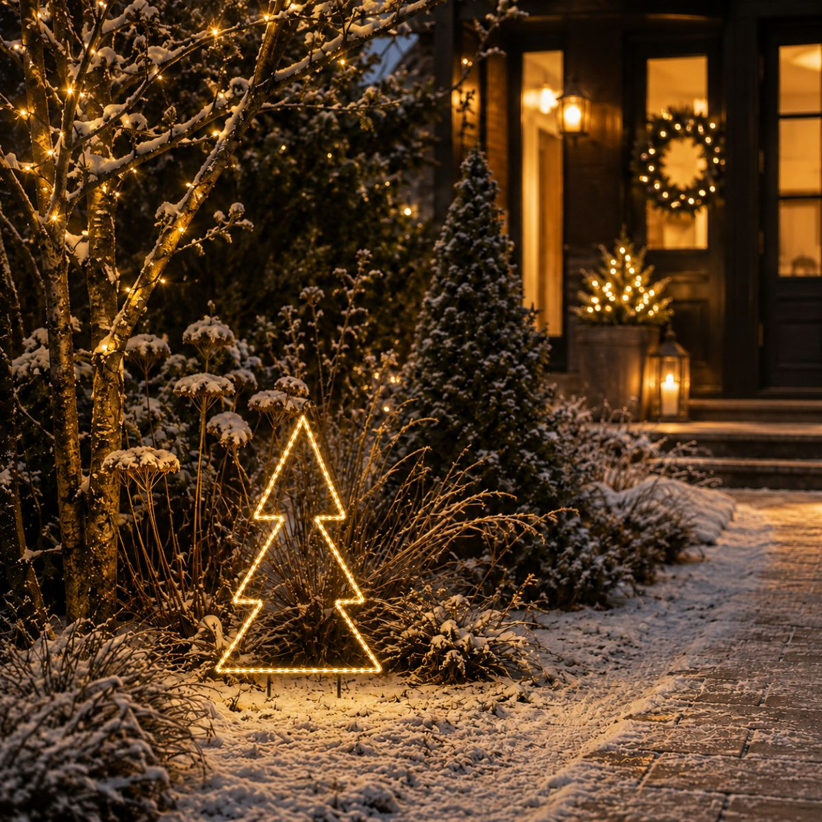 Décoration de sapin de Noël lumineuse dans la neige devant une maison.