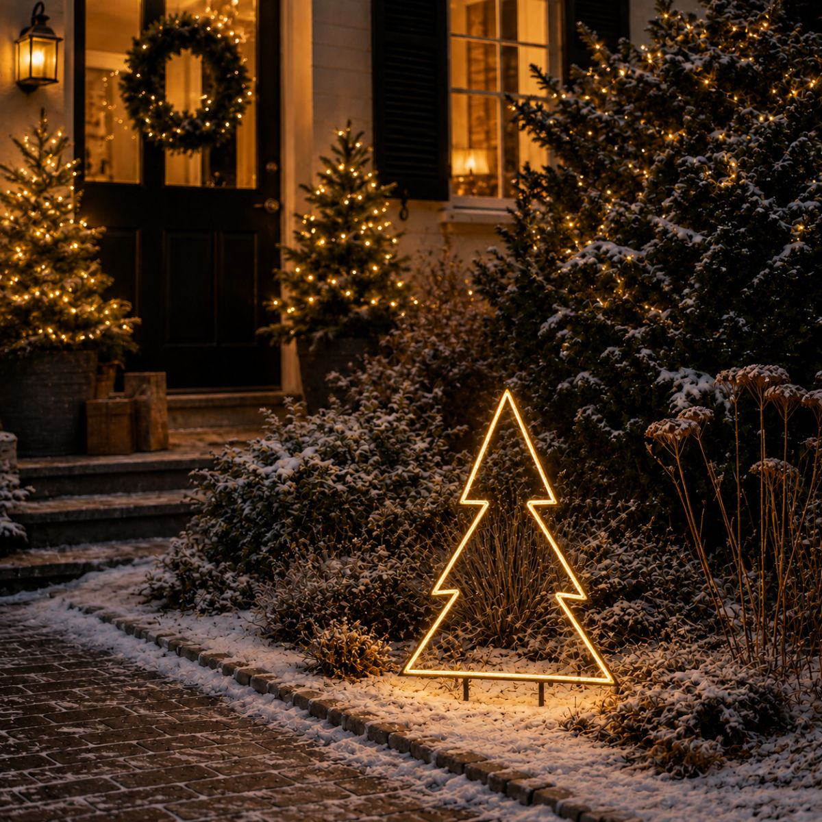 Entrée de maison enneigée décorée de guirlandes lumineuses, d'une couronne et d'une silhouette de sapin illuminée.