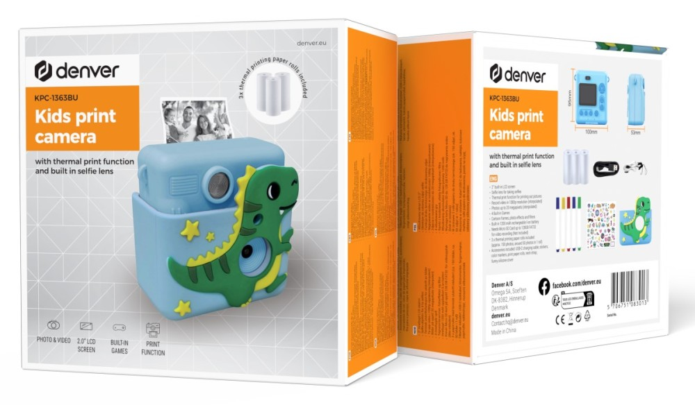 Packaging for the blue Denver KPC-1363BU kids instant print camera with a green dinosaur design.