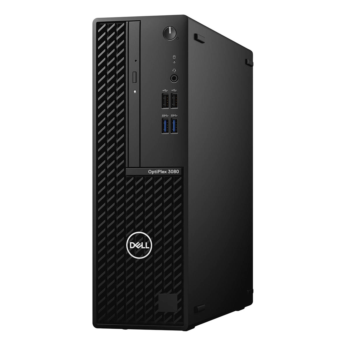 Schwarzer Dell OptiPlex 3080 Small Form Factor Computer, von vorne rechts auf weißem Hintergrund gesehen.