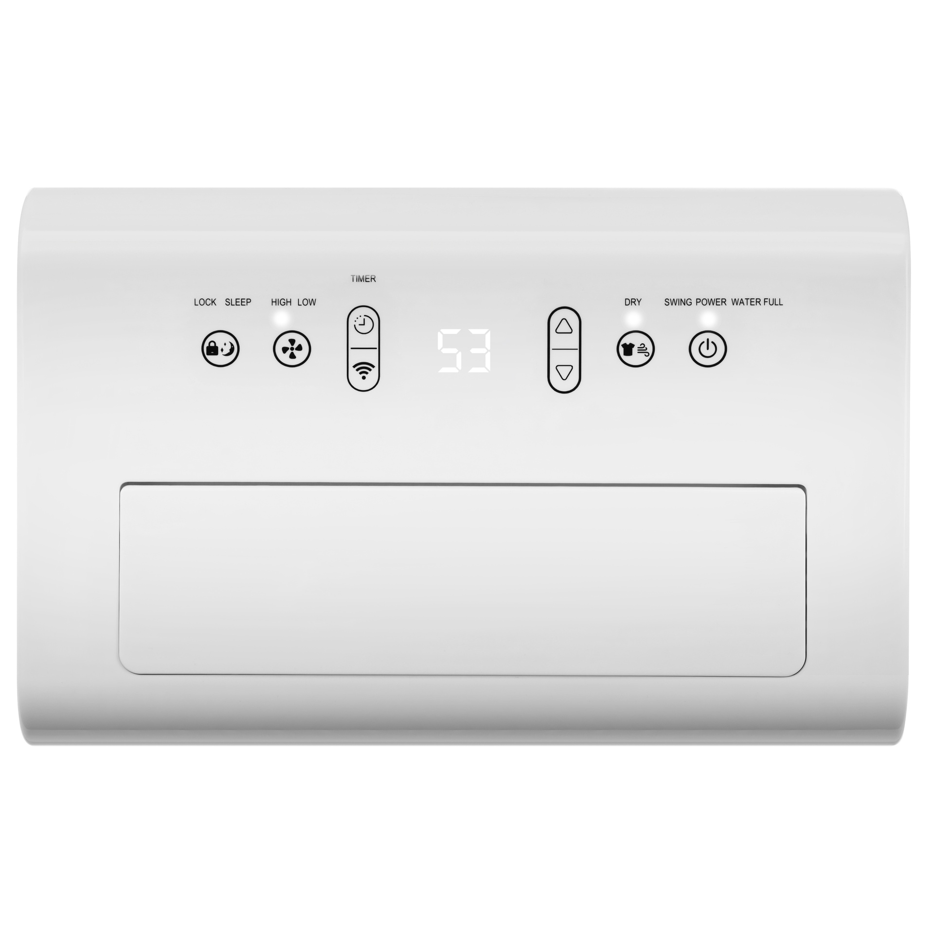 Biały elektroniczny panel sterowania z cyfrowym wyświetlaczem pokazującym 53, dotykowymi przyciskami i kontrolkami.