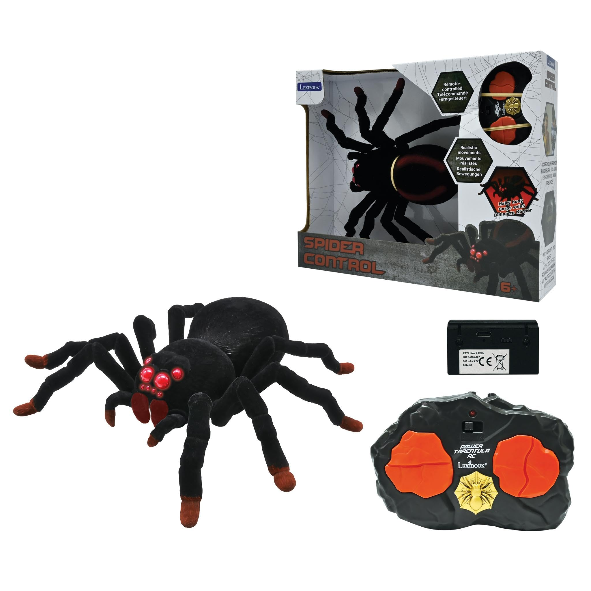Schwarze RC-Tarantel mit roten Leuchtaugen, Fernbedienung, Akku und Verpackungskarton.