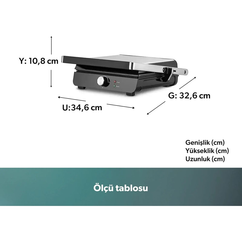 Açık arka planda yükseklik, genişlik ve derinlik ölçüleri gösterilen siyah tost makinesi.