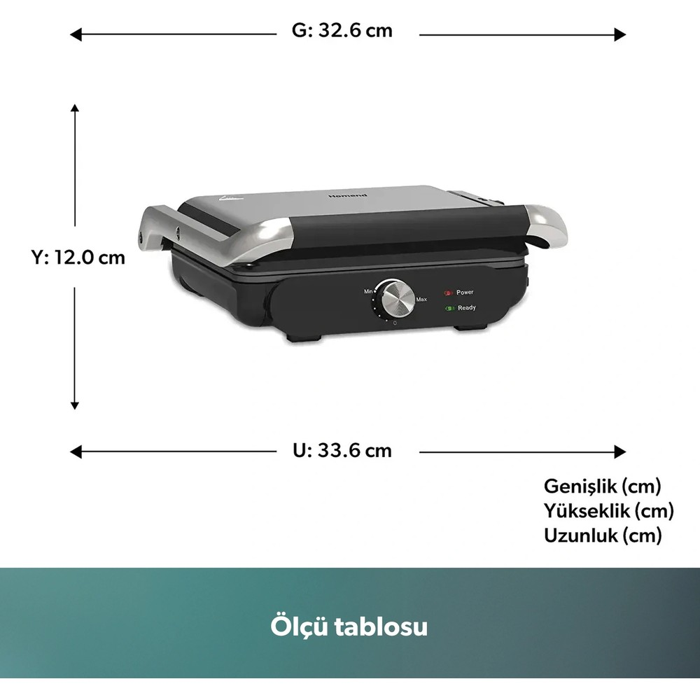 Genişlik, yükseklik ve uzunluğu gösteren ölçü oklarına sahip siyah ve gümüş renkli elektrikli ızgara.
