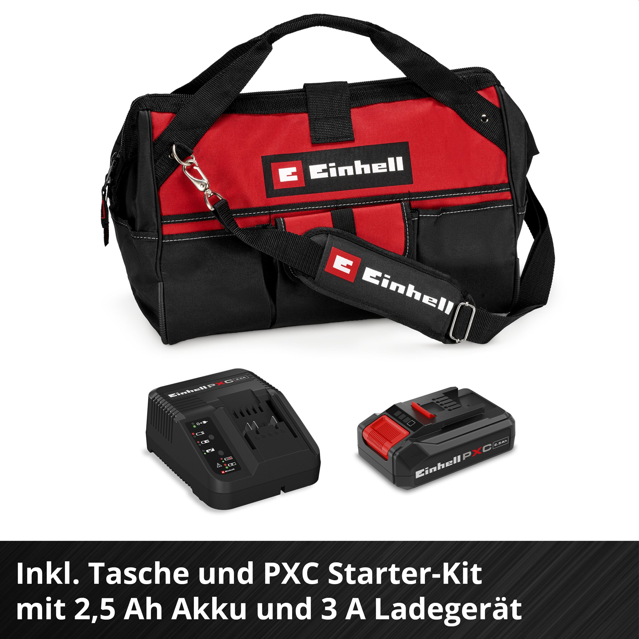 Einhell Werkzeugtasche, PXC-Ladegerät und 2,5-Ah-Akku auf weißem Grund.