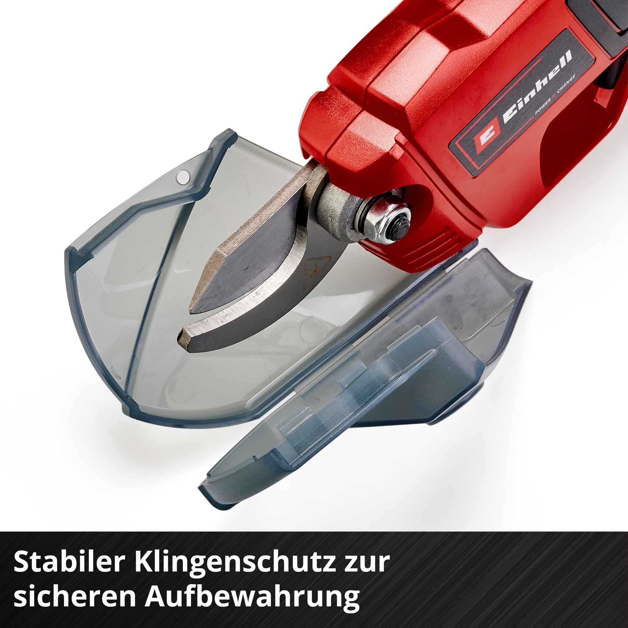 Rote Einhell Akku-Blechschere mit offenem transparentem Klingenschutz auf weißem Hintergrund.