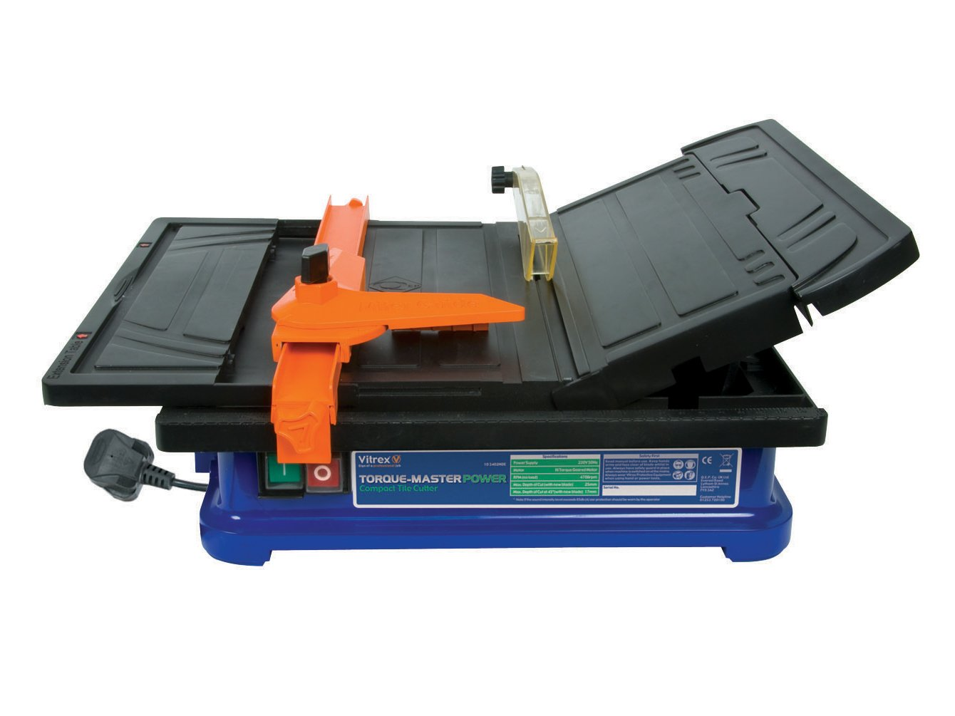 Ein blauer und schwarzer Vitrex Kompakt-Fliesenschneider mit orangefarbener Führung.