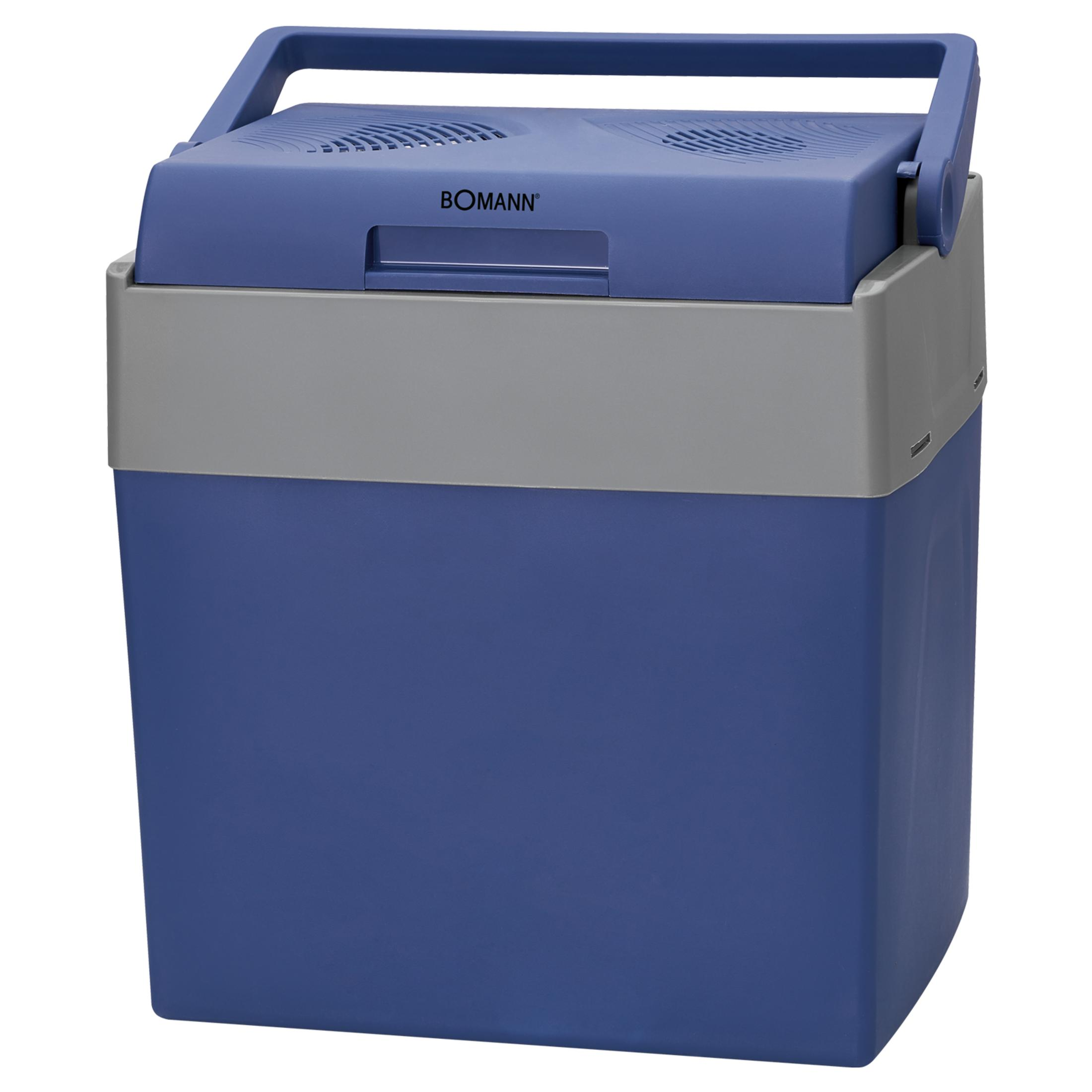 Eine blaue und graue elektrische Kühlbox mit Tragebügel und Bomann-Logo auf weißem Hintergrund.
