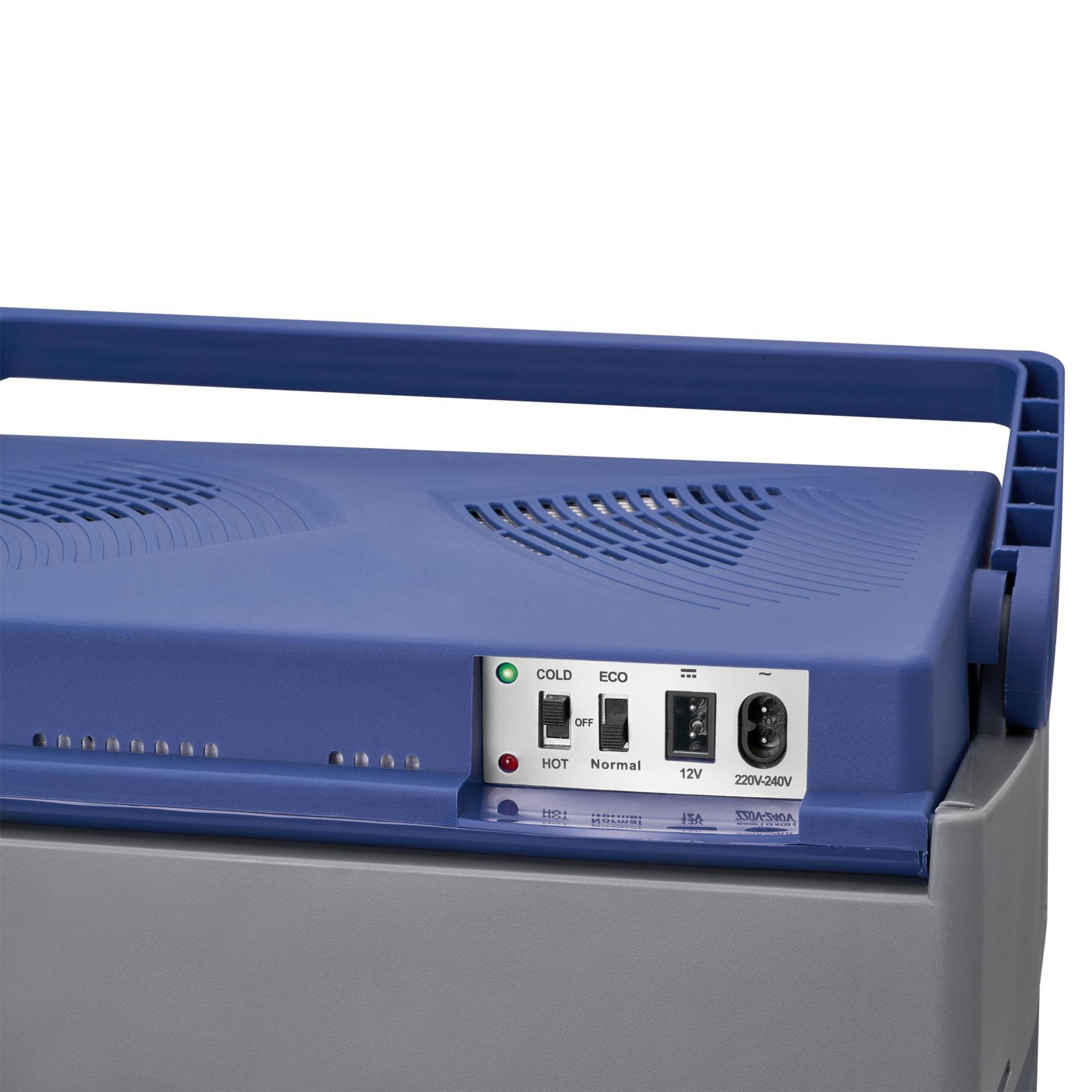 Kontroll- und Anschlussfeld einer blauen Kühlbox mit Schaltern für kalt, heiß, Eco, Normal sowie 12V und 220V.
