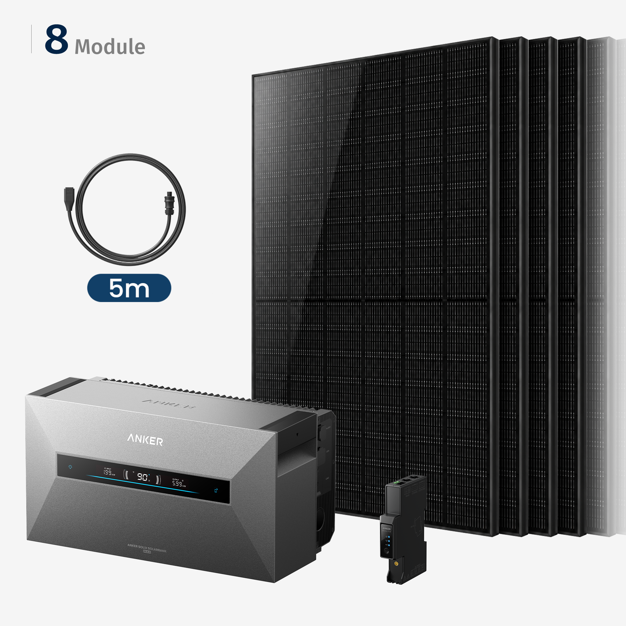 Anker Solaranlage mit Wechselrichter, 8 Solarmodulen, 5m Kabel und Smart Meter auf weißem Hintergrund.