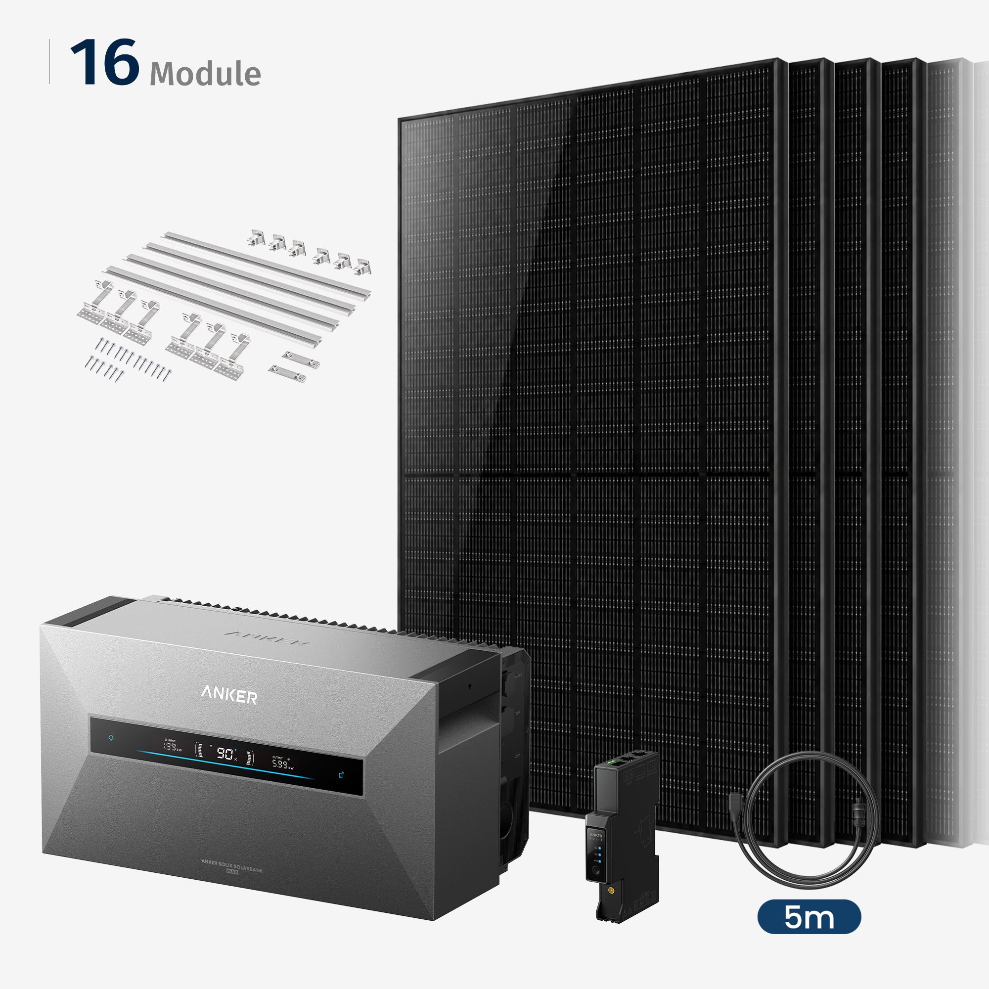 16 Solarmodule, Wechselrichter, Halterungen, Smart Meter und 5m Kabel.