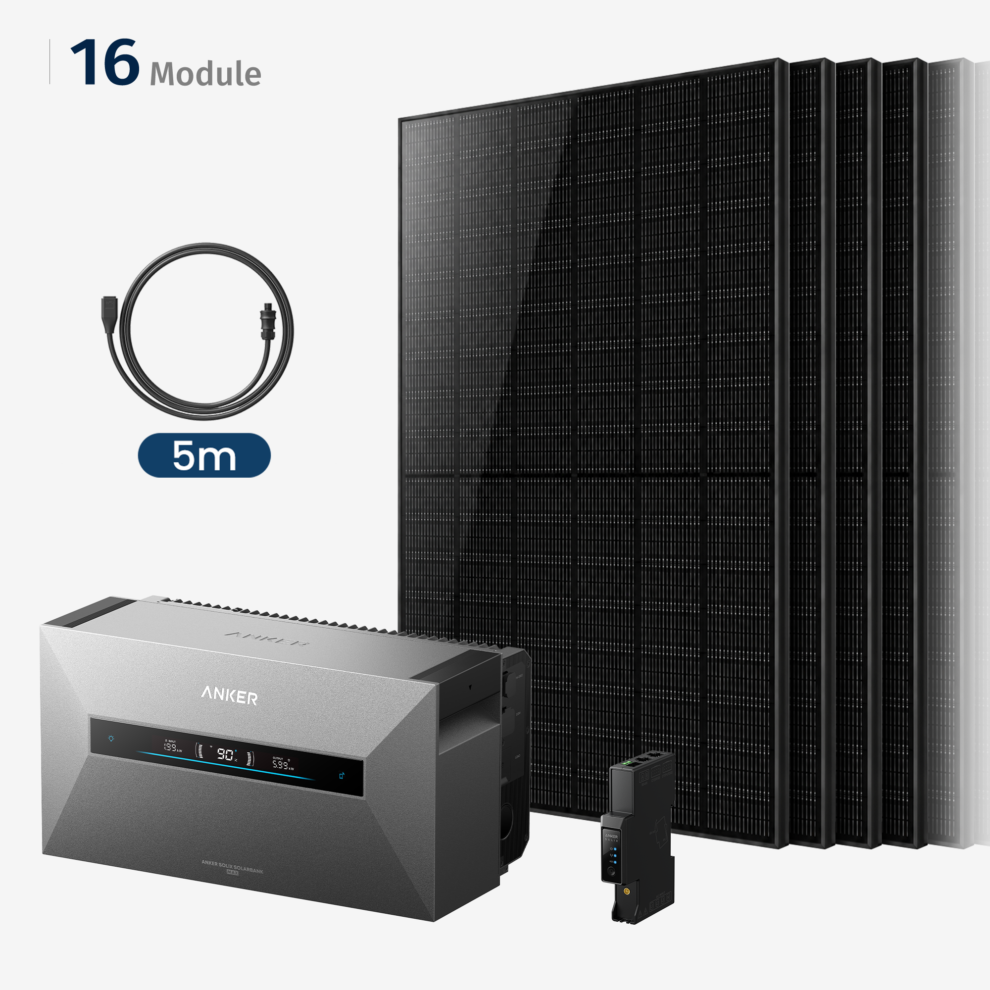 Anker Solarsystem mit silbernem Wechselrichter, Solarmodulen, 5m Kabel und Smart Meter.