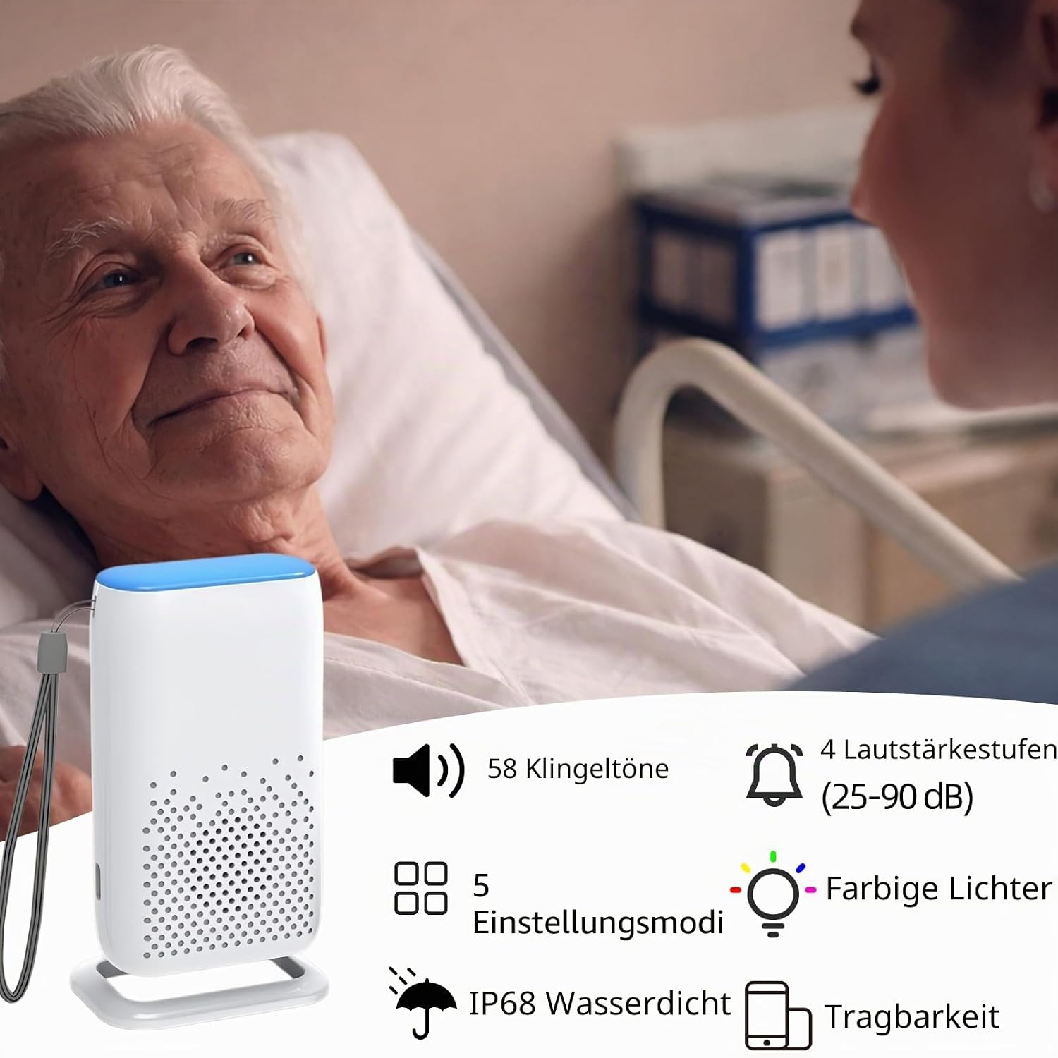 Ein älterer Mann im Krankenhausbett blickt eine Pflegekraft an, während eine weiße Klingel mit Eigenschaften gezeigt wird.